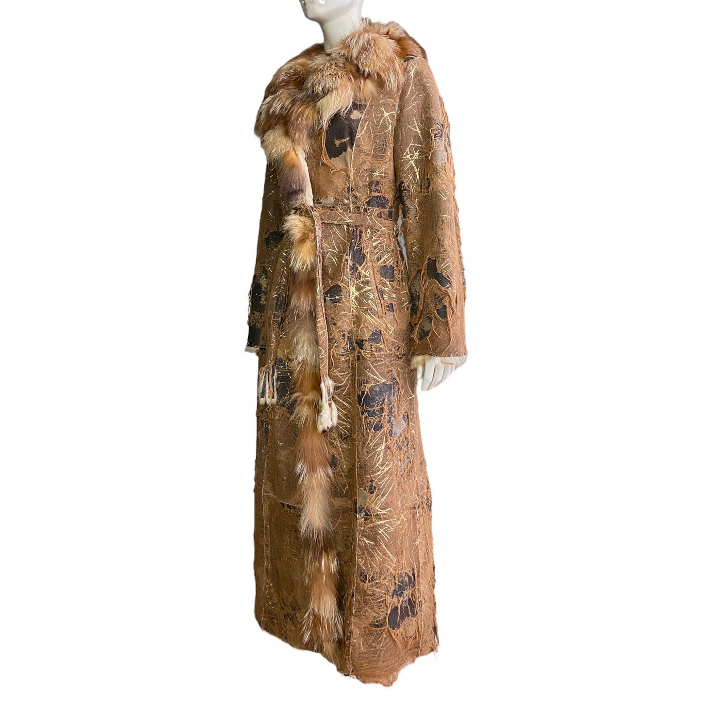 AMORETTI 2000s BROWN FOX FUR & GOLD LEAVES DISTRESSED COAT