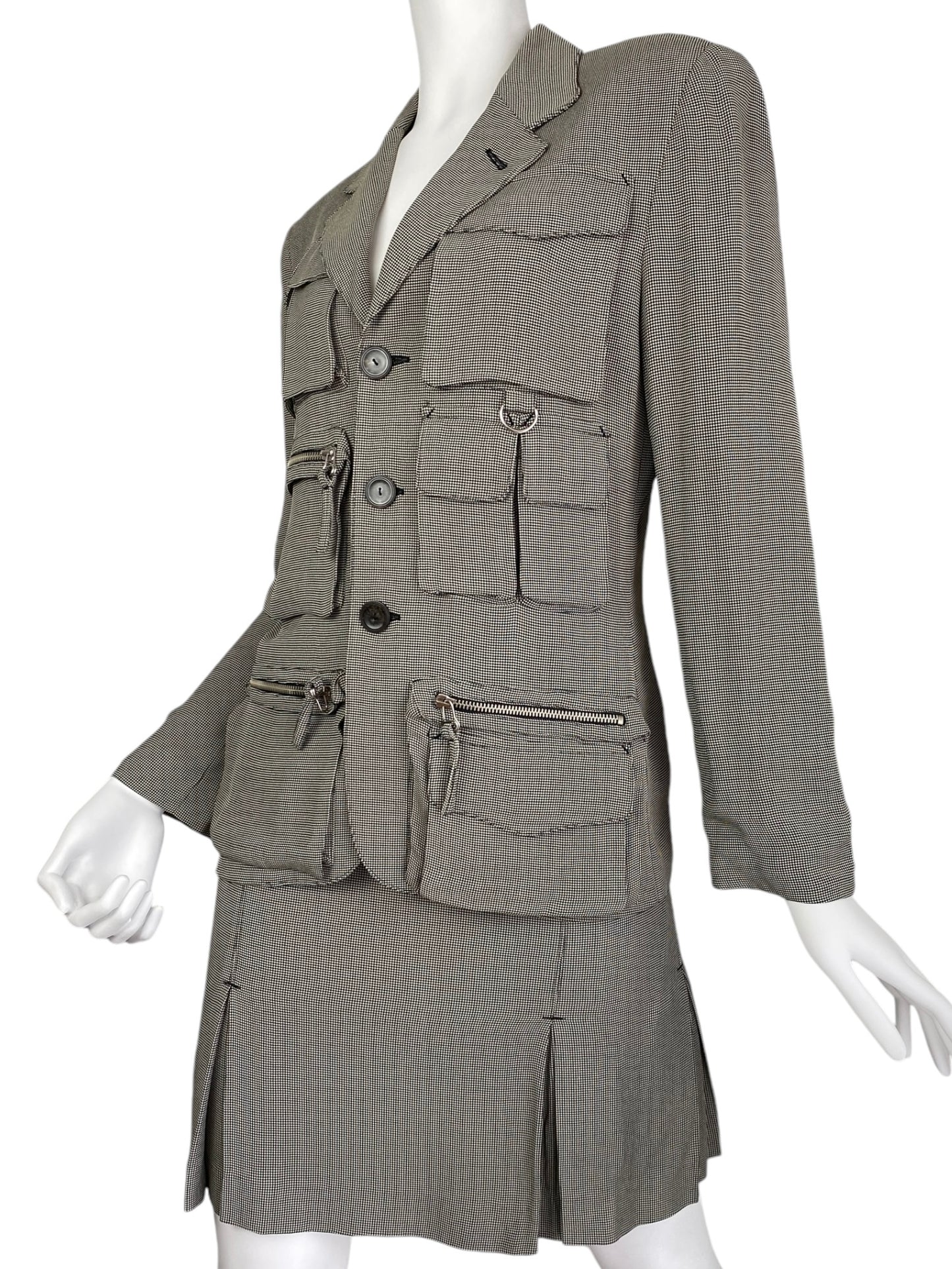 JEAN-PAUL GAULTIER 1980s LIGHT GREEN/GREY CHECKERED UTILITY POCKET SKIRT SUIT (BLAZER & SKIRT)