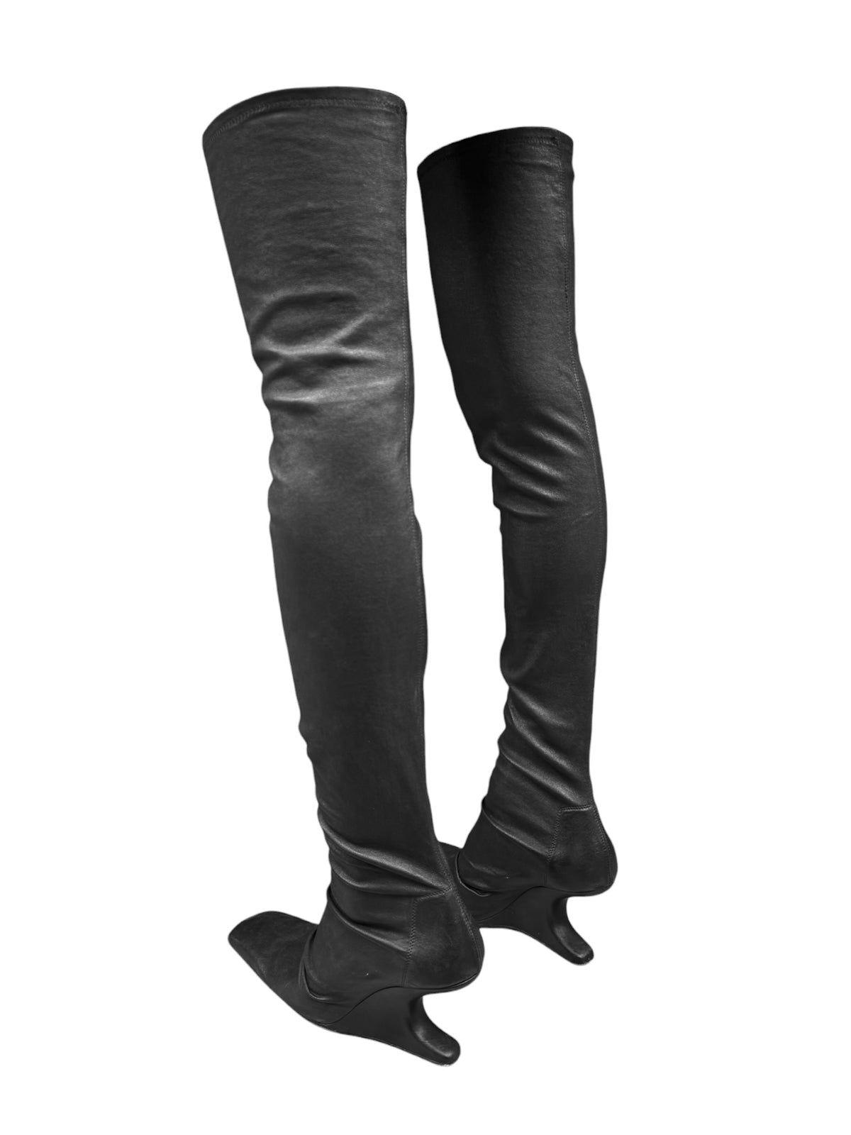 RICK OWENS 2020s BLACK LEATHER CANTILEVER TIGH-HIGH BOOTS