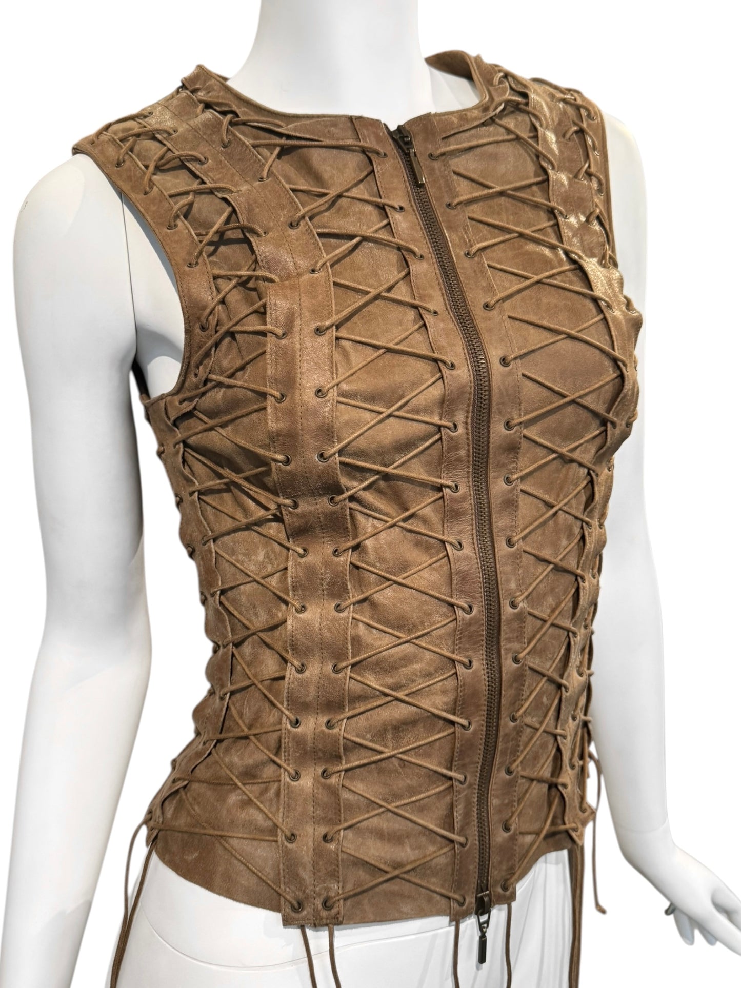 PLEIN SUD FW2002 BROWN LEATHER LACE-UP CAGE VEST