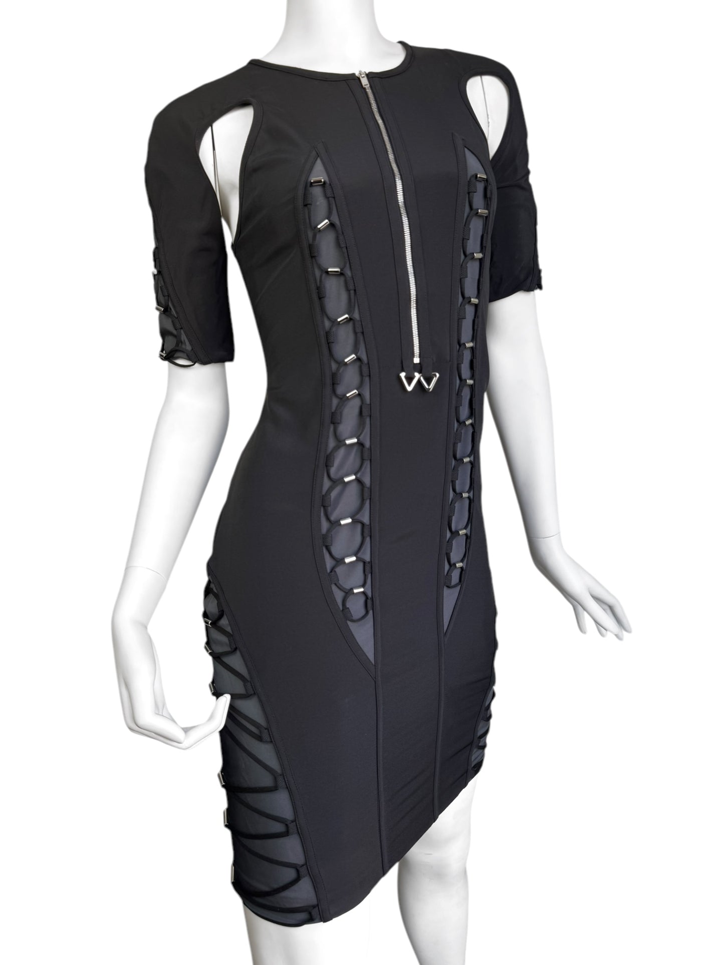 GUCCI SS2010 BY FRIDA GIANNINI BLACK & GREY SILK BLEND CUT-OUT LACE-UP FUTURISTIC MINI DRESS