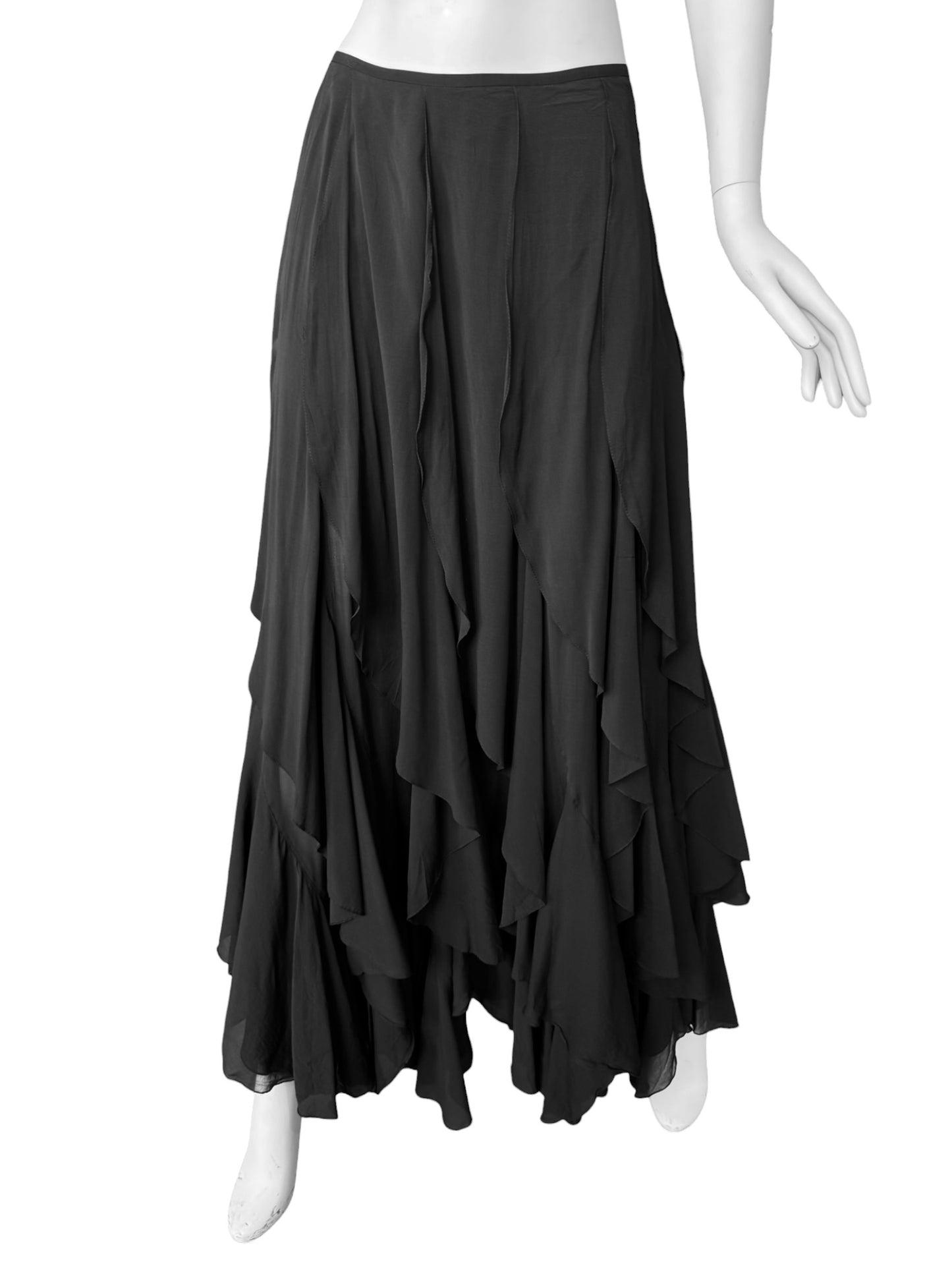 PLEIN SUD SS2000 BLACK SILK CASCADING RUFFLES MAXI SKIRT