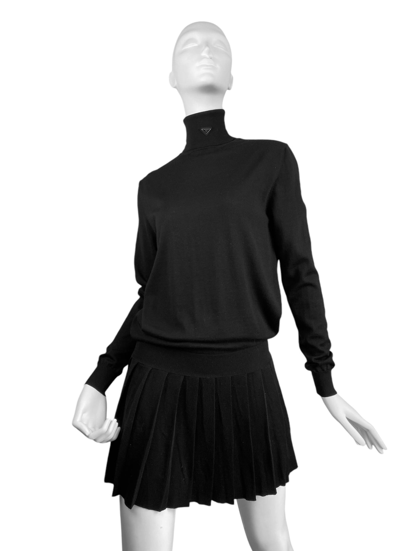 PRADA FW2022 BLACK WOOL PLEATED MINI DRESS