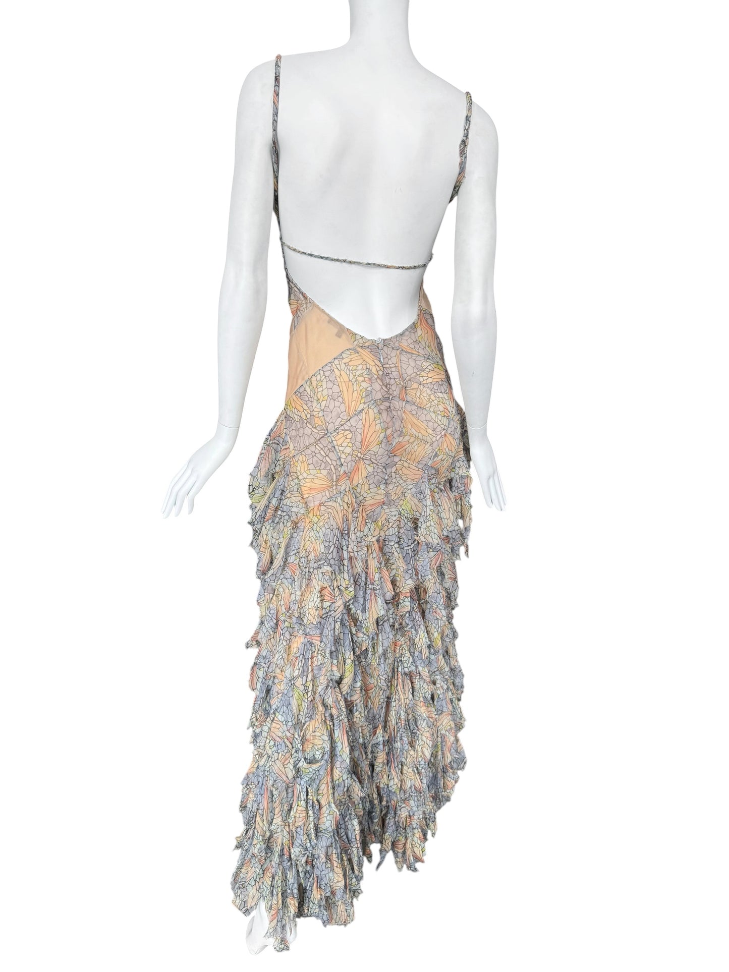 ALEXANDER MCQUEEN SS2004 ‘DELIVERANCE’ SILK STAINED GLASS BUTTERFLY PRINT RUFFLES MAXI DRESS