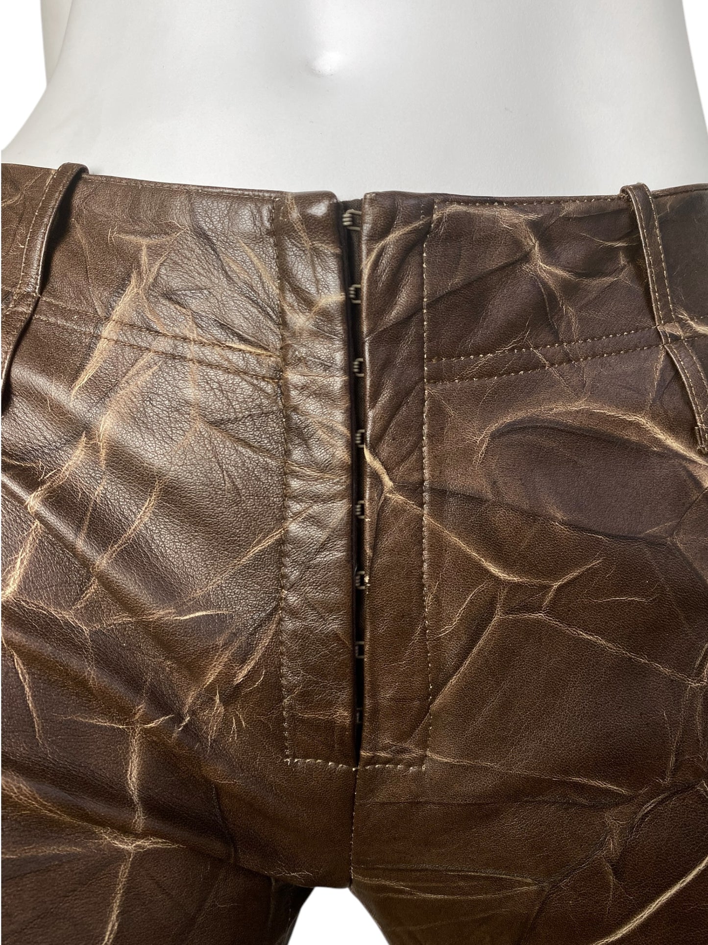 PLEIN SUD 2000s BROWN LEATHER CREASED PANTS