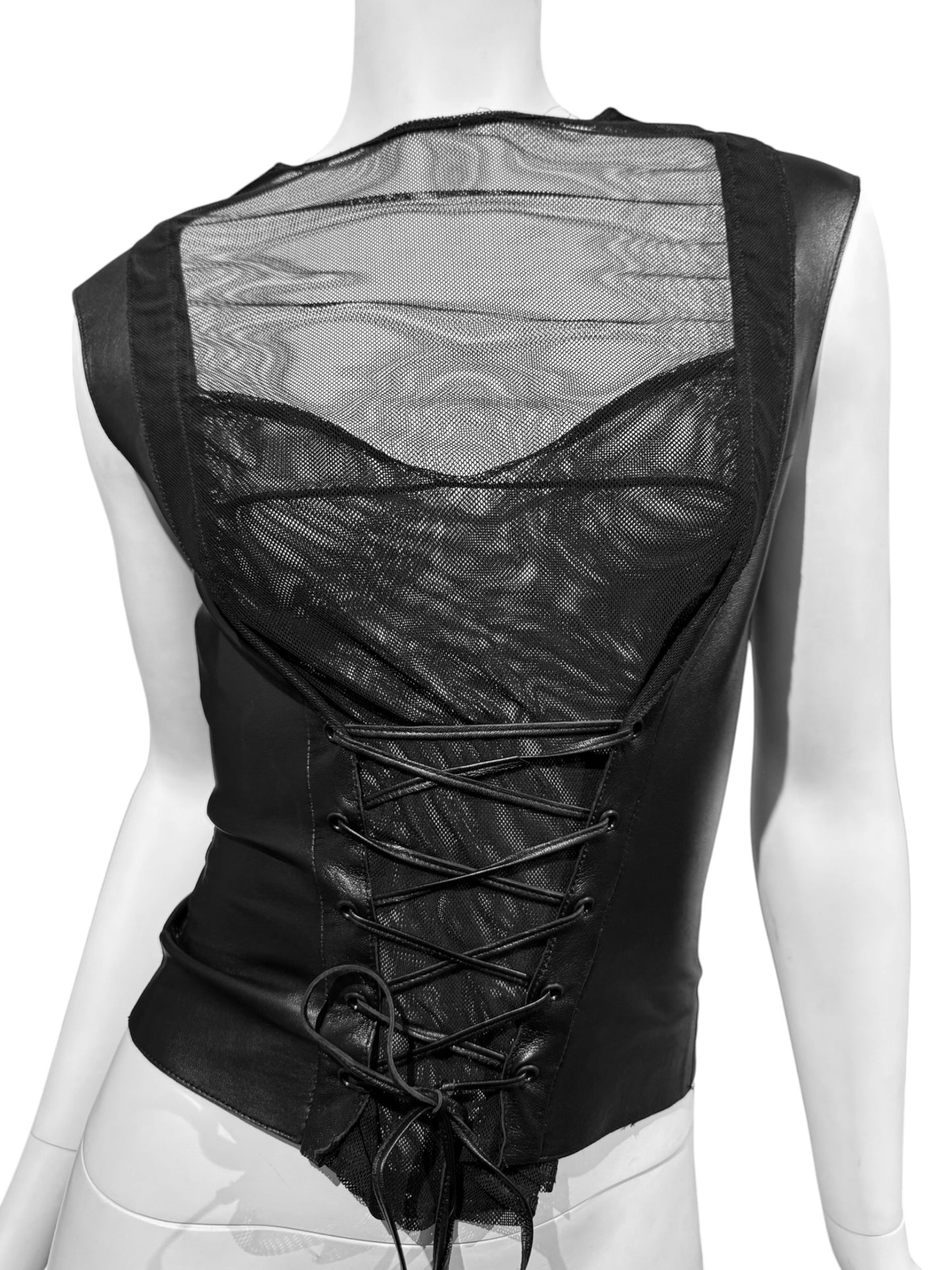 JITROIS 2000s BLACK LEATHER & SILK TULLE LACE-UP TANK TOP