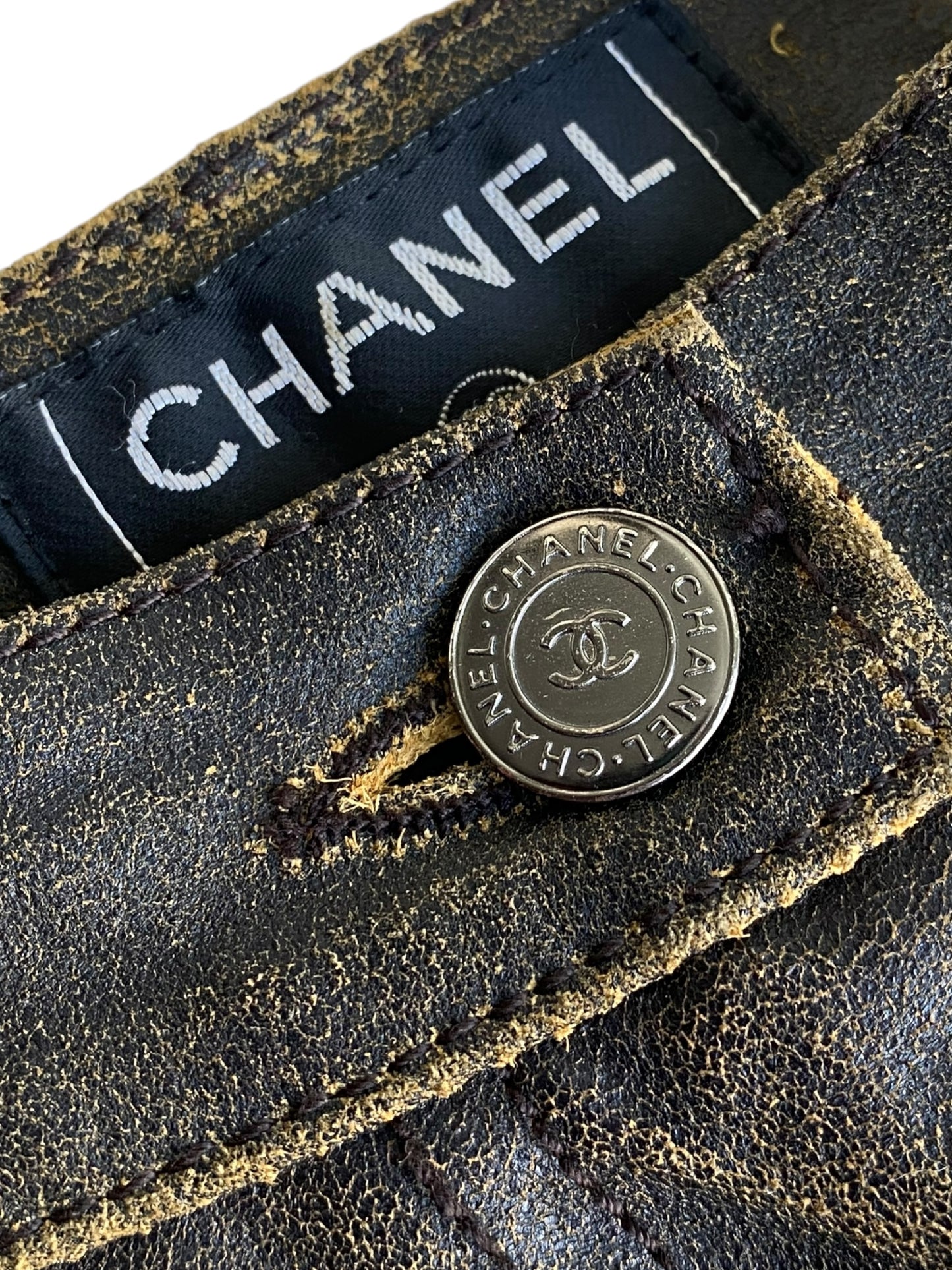 CHANEL FW2000 BY KARL LAGERFELD BROWN LEATHER BLUE DENIM PANTS