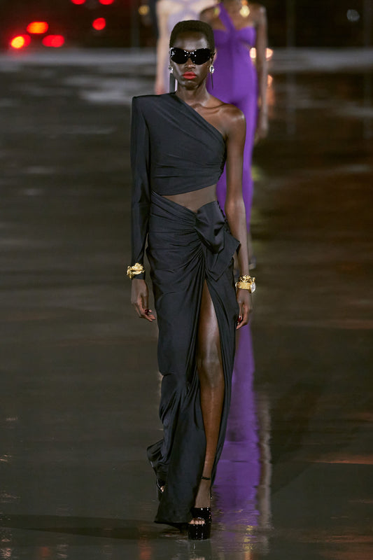 SAINT LAURENT SS2022 BY ANTHONY VACCARELLO BLACK ASYMMETRICAL CUT OUT MAXI DRESS