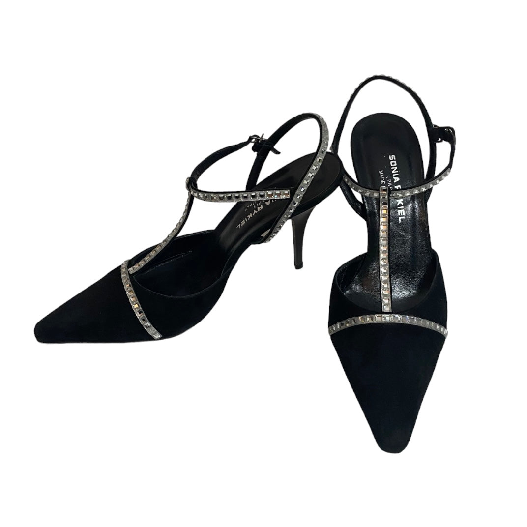 SONIA RYKIEL BLACK LEATHER STRASS T-STRAP HEELS