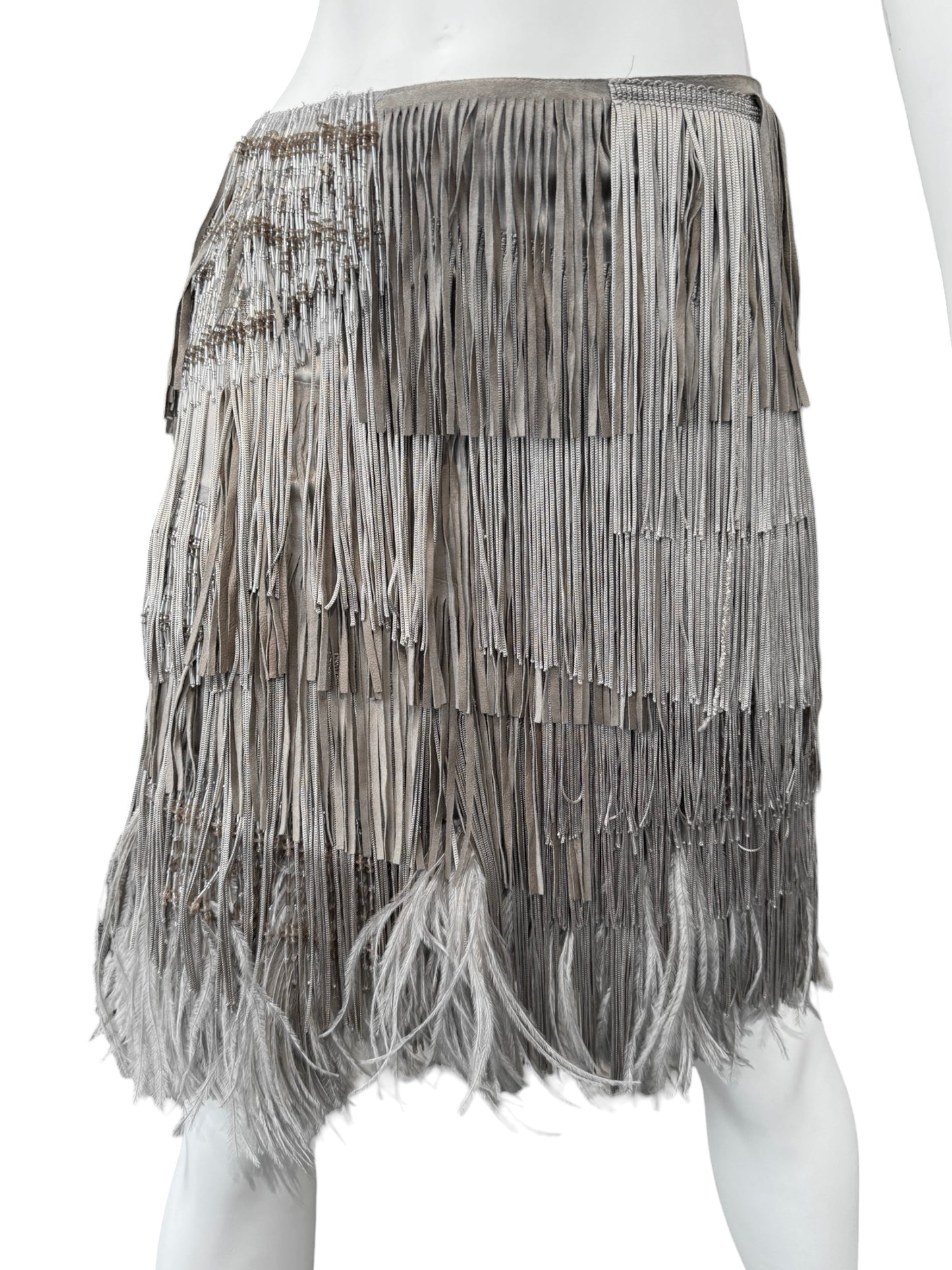 ALESSANDRO DELL’ACQUA SS2009 GREY SILK, OSTRICH FEATHERS & PEARLS FRINGES MIDI SKIRT