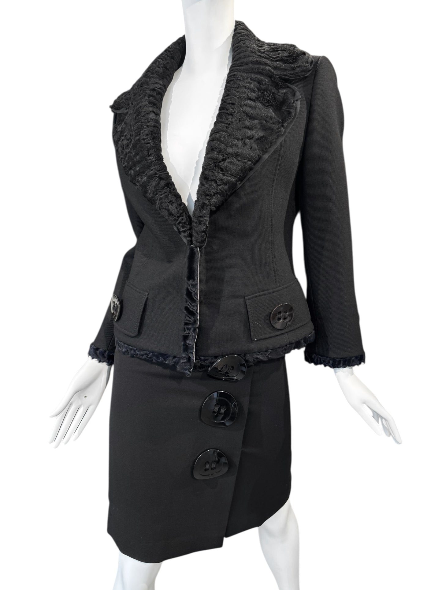 DOLCE & GABBANA FW2005 BLACK WOOL ASTRAKAN FUR TRIM BUTTONS SKIRT SUIT