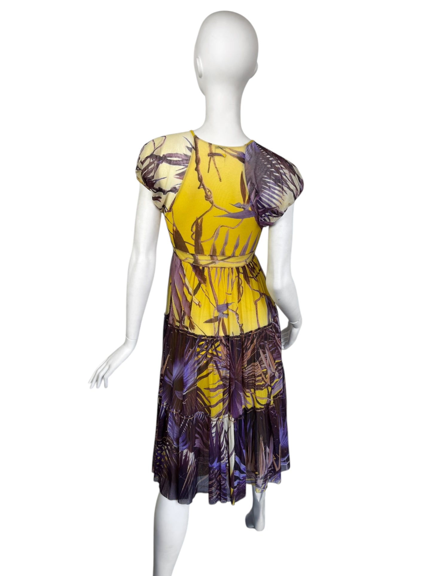 JEAN PAUL GAULTIER 2000s YELLOW & PURPLE MESH TROPICAL PRINT MIDI DRESS