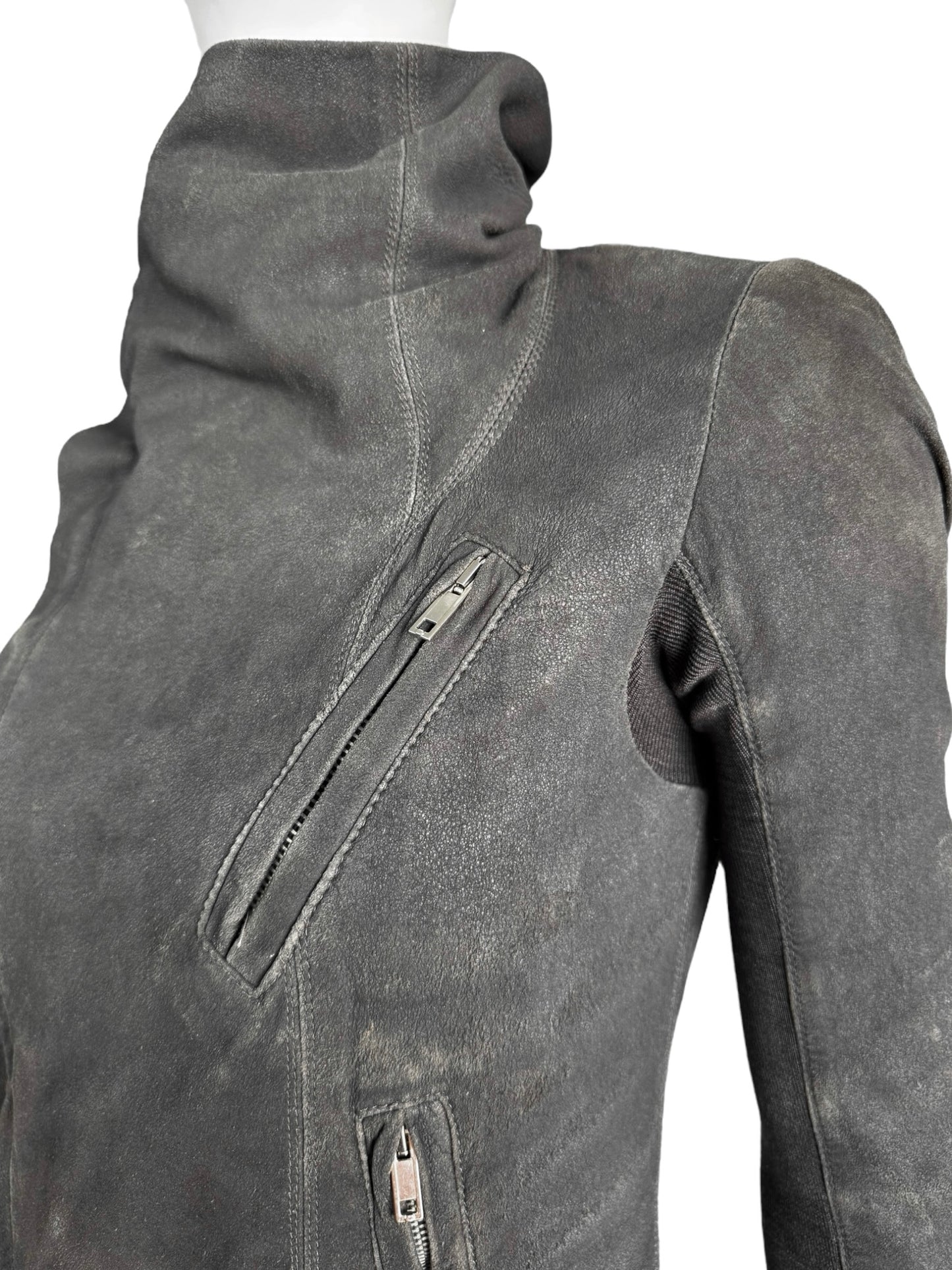 RICK OWENS 2000s GREY LEATHER HIGH COLLAR ZIP JACKET