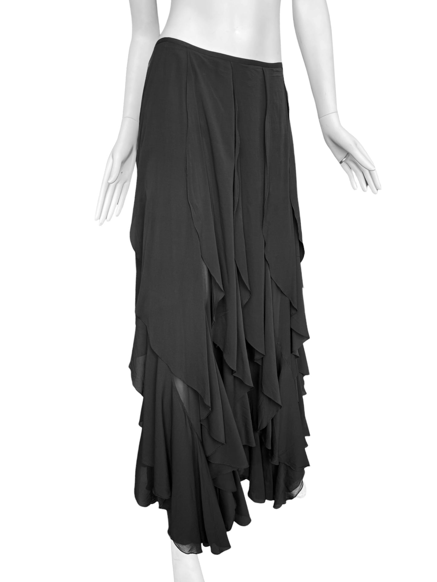 PLEIN SUD SS2000 BLACK SILK CASCADING RUFFLES MAXI SKIRT