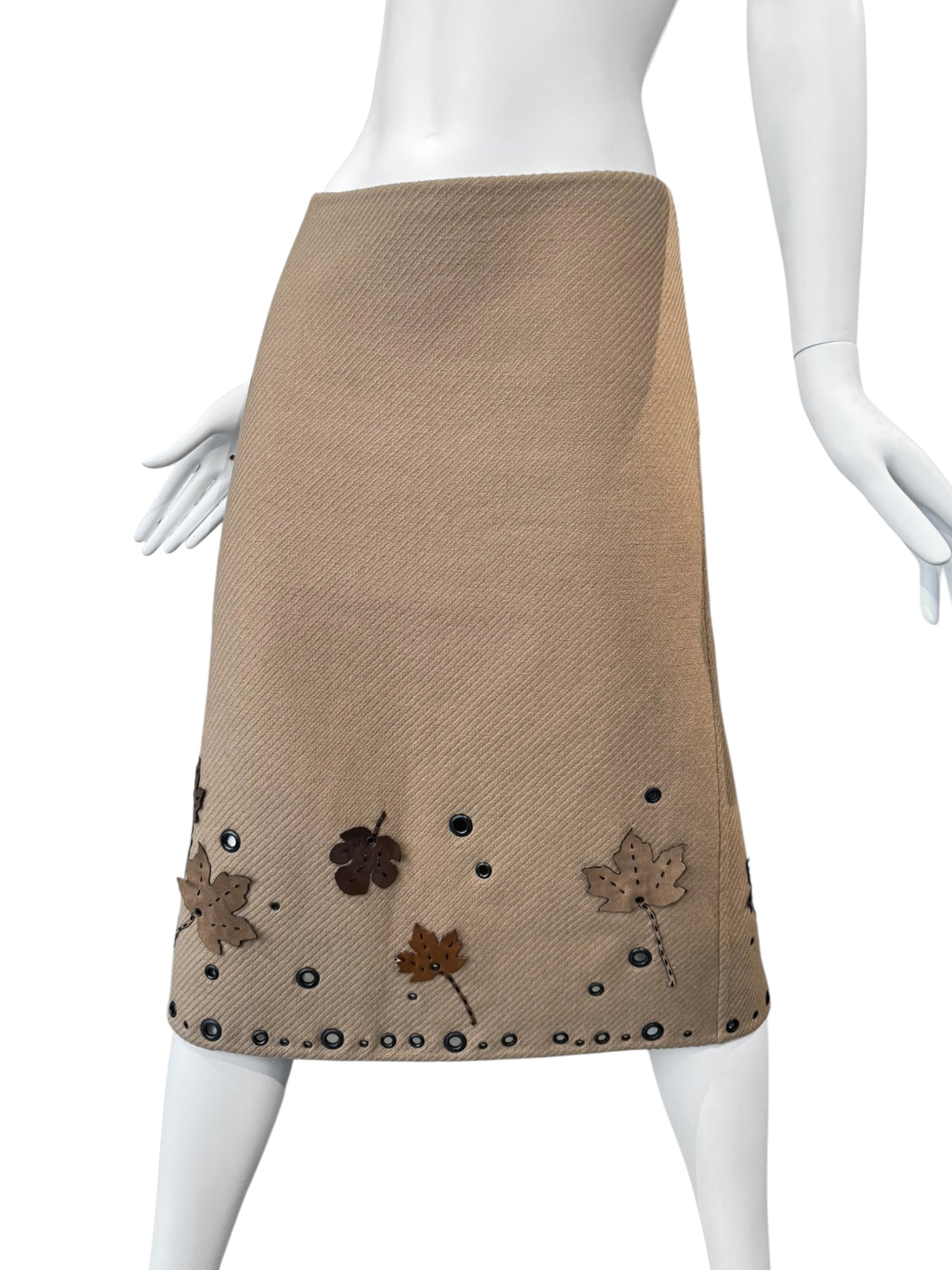 PRADA FW1999 BEIGE WOOL LEAF APPLIQUÉ MIDI SKIRT