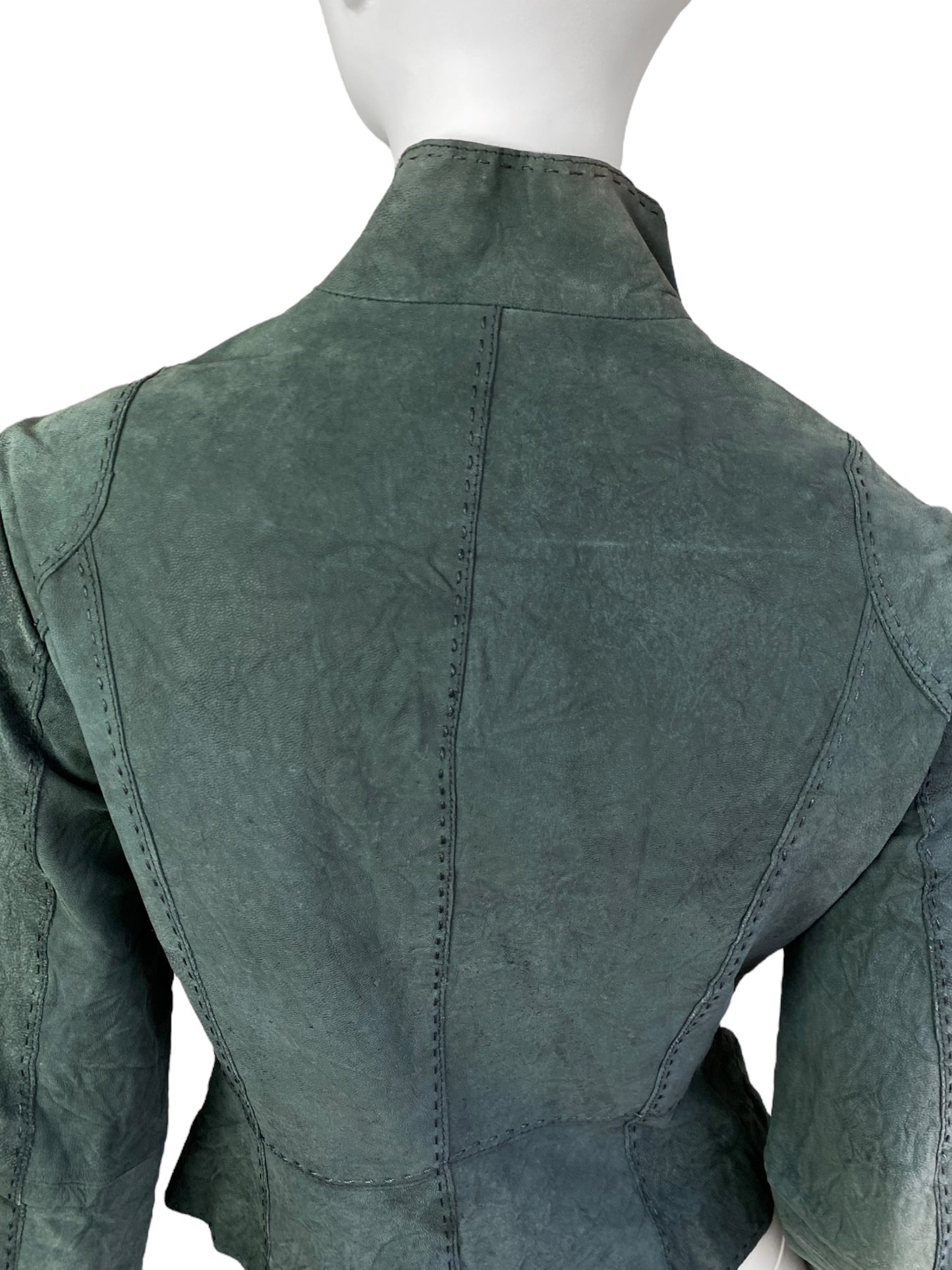 2000s GREYISH GREEN DISTRESS LEATHER CREASED ASYMMETRICAL JACKET