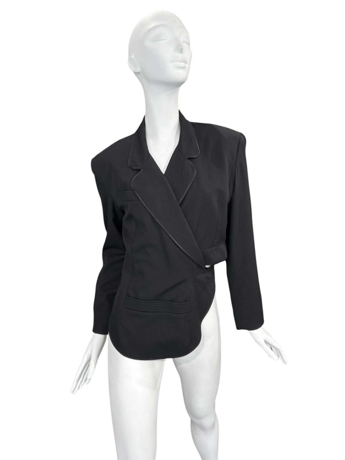 PLEIN SUD 1980s BLACK WOOL BLEND WRAP BLAZER
