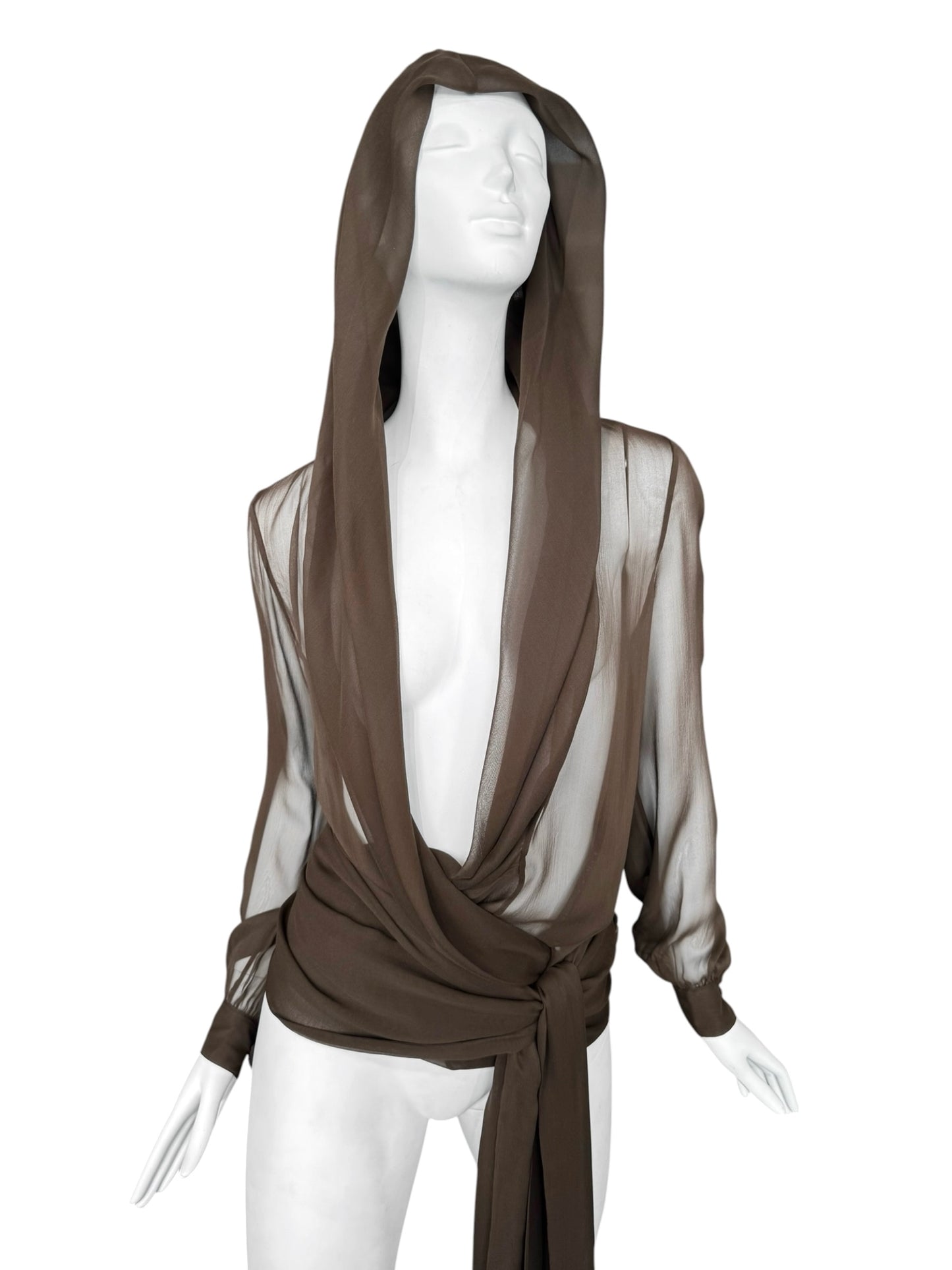 SAINT LAURENT PRE-FALL 2023 BY ANTHONY VACCARELLO BROWN SILK HOODED WRAP BLOUSE