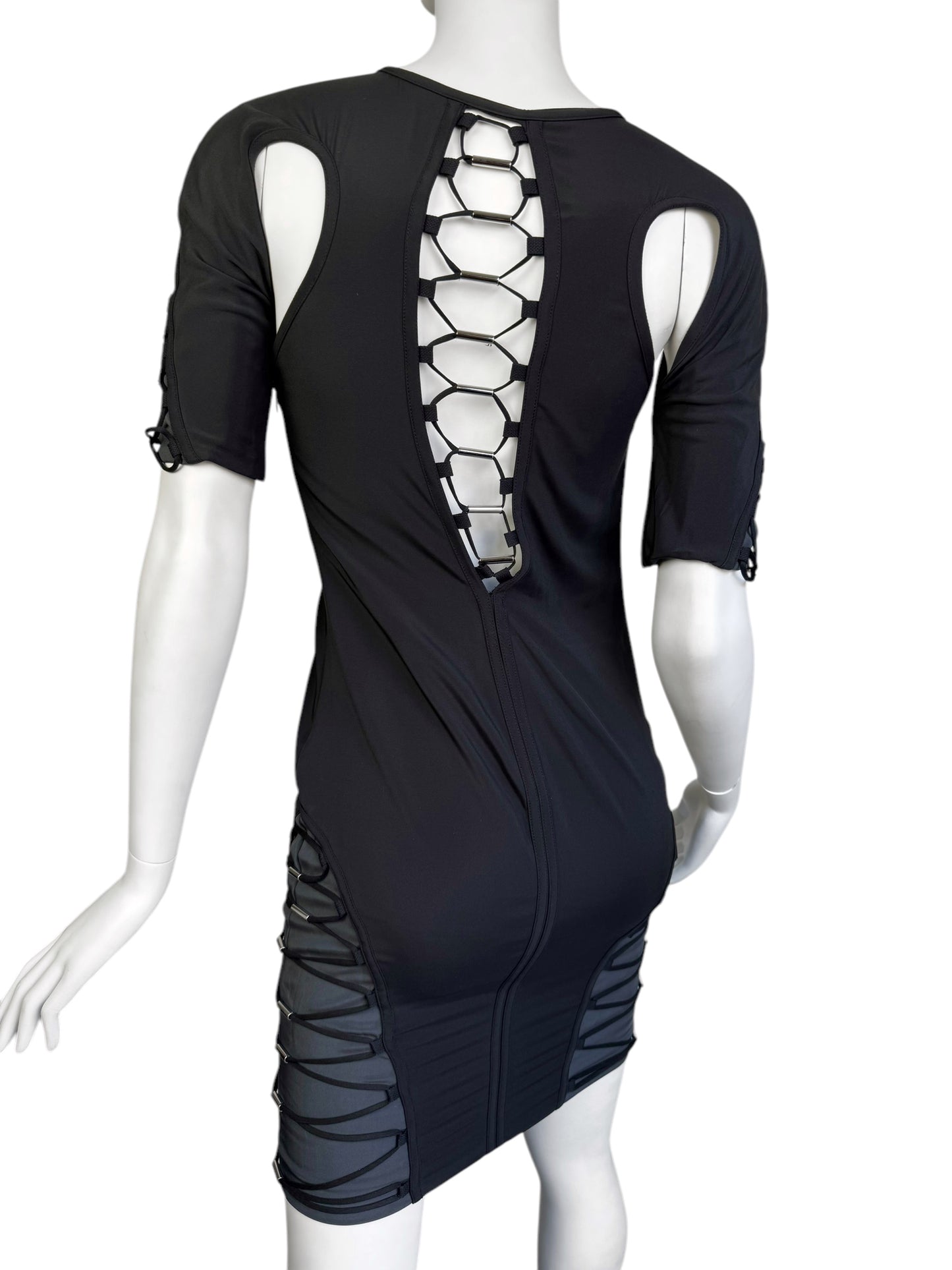 GUCCI SS2010 BY FRIDA GIANNINI BLACK & GREY SILK BLEND CUT-OUT LACE-UP FUTURISTIC MINI DRESS