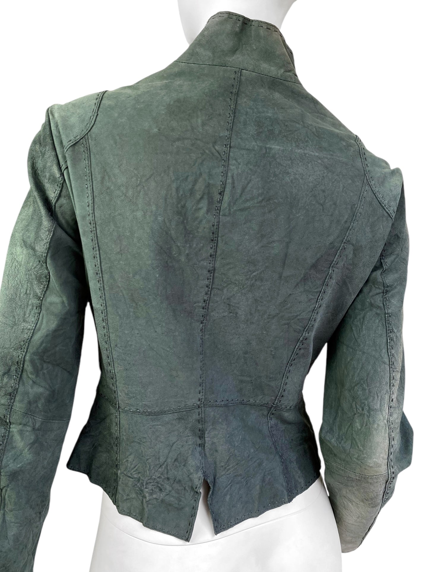 2000s GREYISH GREEN DISTRESS LEATHER CREASED ASYMMETRICAL JACKET