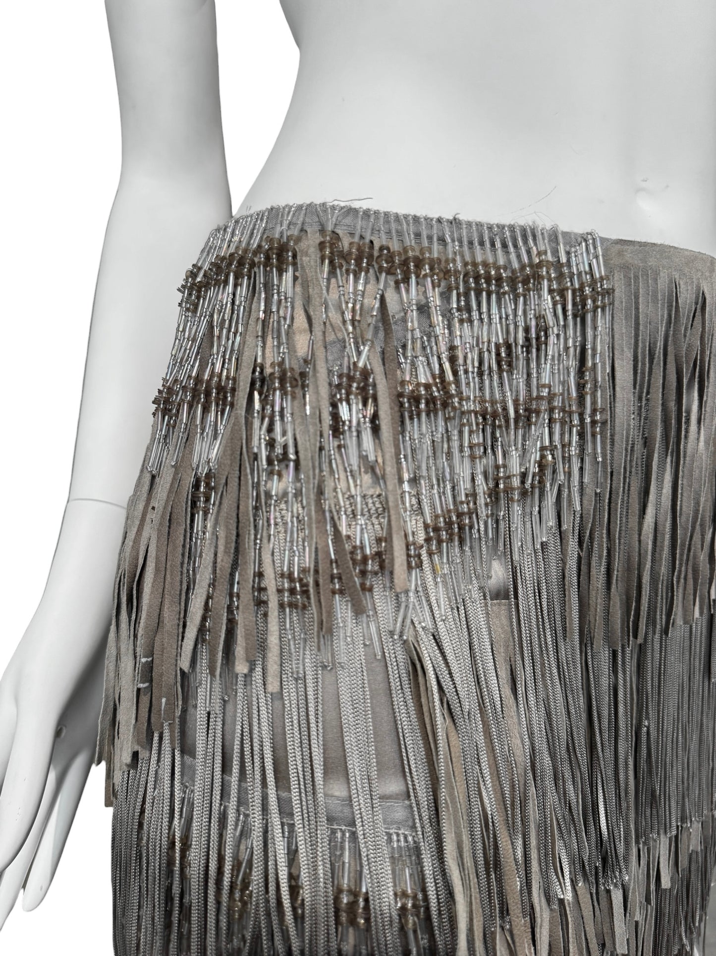 ALESSANDRO DELL’ACQUA SS2009 GREY SILK, OSTRICH FEATHERS & PEARLS FRINGES MIDI SKIRT