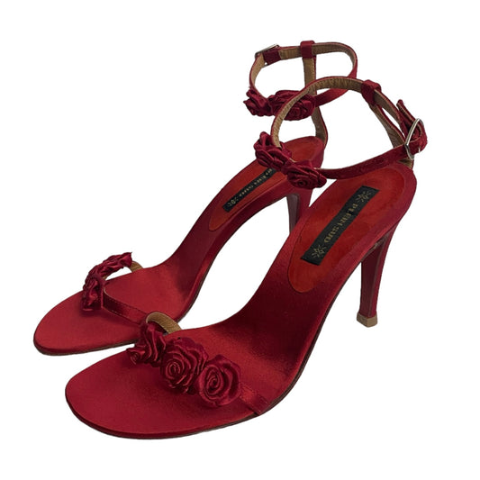 PLEIN SUD 2000s RED SATIN AND LEATHER HEELED SANDALS