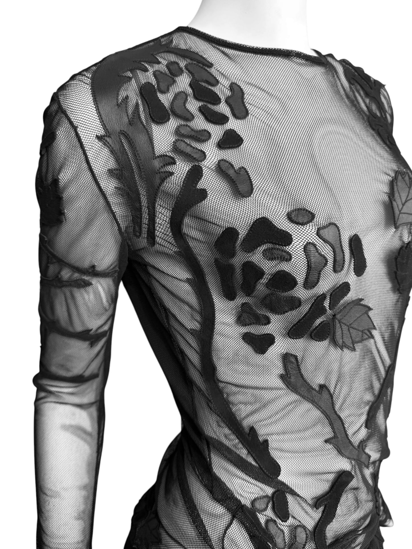 JITROIS 2012 BLACK MESH & LEATHER APPLIQUÉ SHEER MINI DRESS
