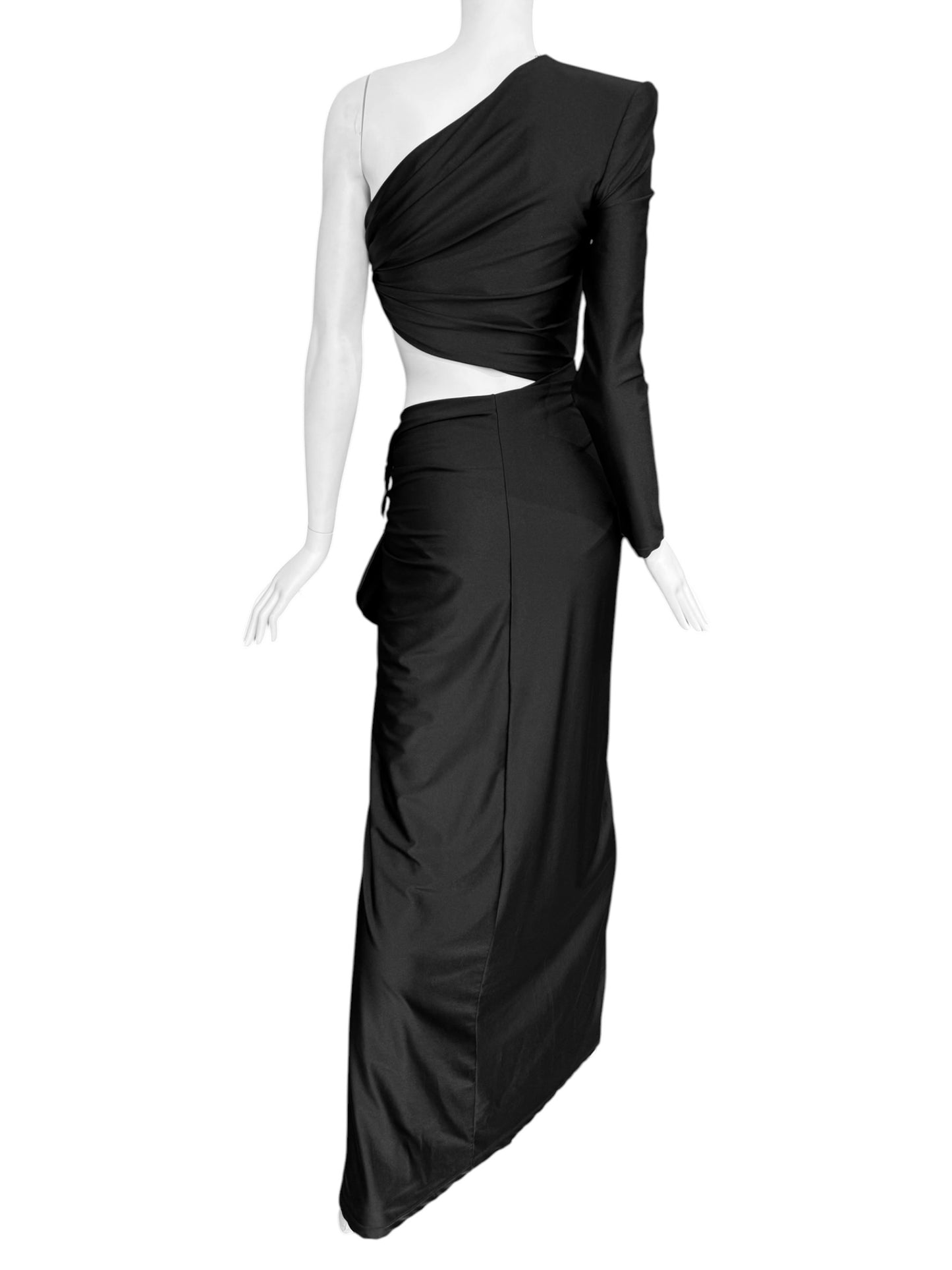 SAINT LAURENT SS2022 BY ANTHONY VACCARELLO BLACK ASYMMETRICAL CUT OUT MAXI DRESS