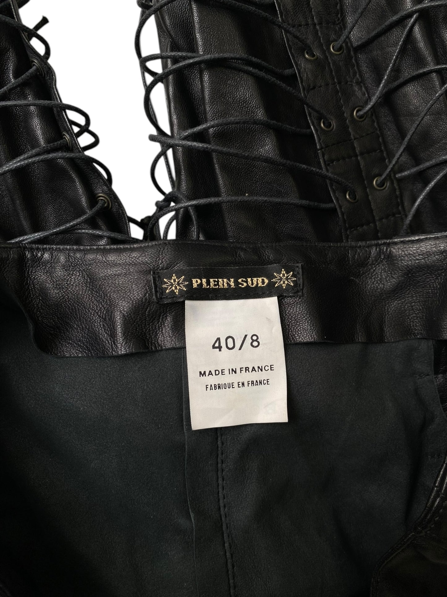 PLEIN SUD FW2002 BLACK LEATHER LACED-UP CAGE PANTS