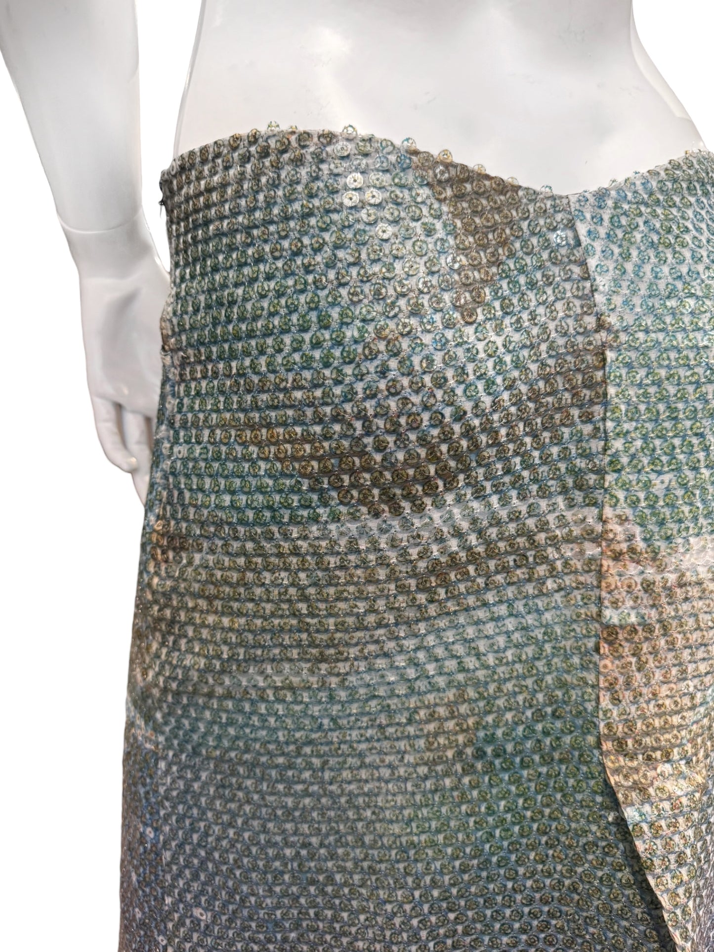 ALEXANDER MCQUEEN SS1997 «LA POUPÉE» BLUE SEQUINS DOLPHIN PRINT BUMSTER MIDI SKIRT