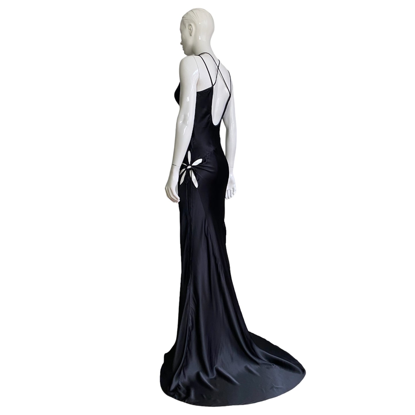 FAYÇAL AMOR SS2003 BLACK SATIN CUT OUT DOUBLE STRAPS MAXI DRESS