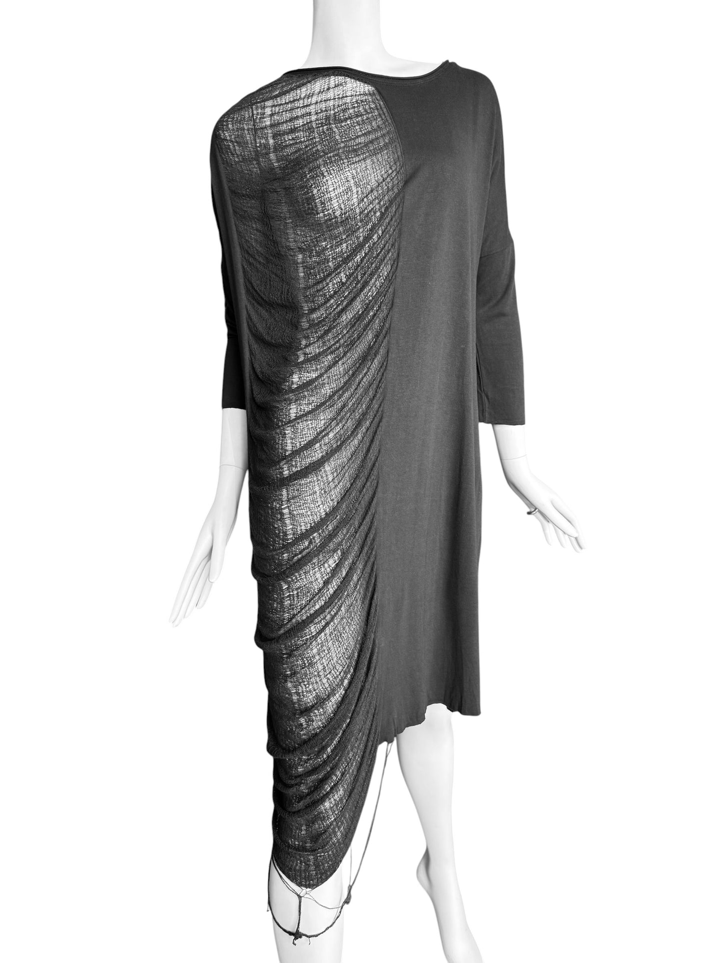 RAQUEL ALLEGRA 2010s GREY ASYMMETRICAL DISTRESS MIDI DRESS