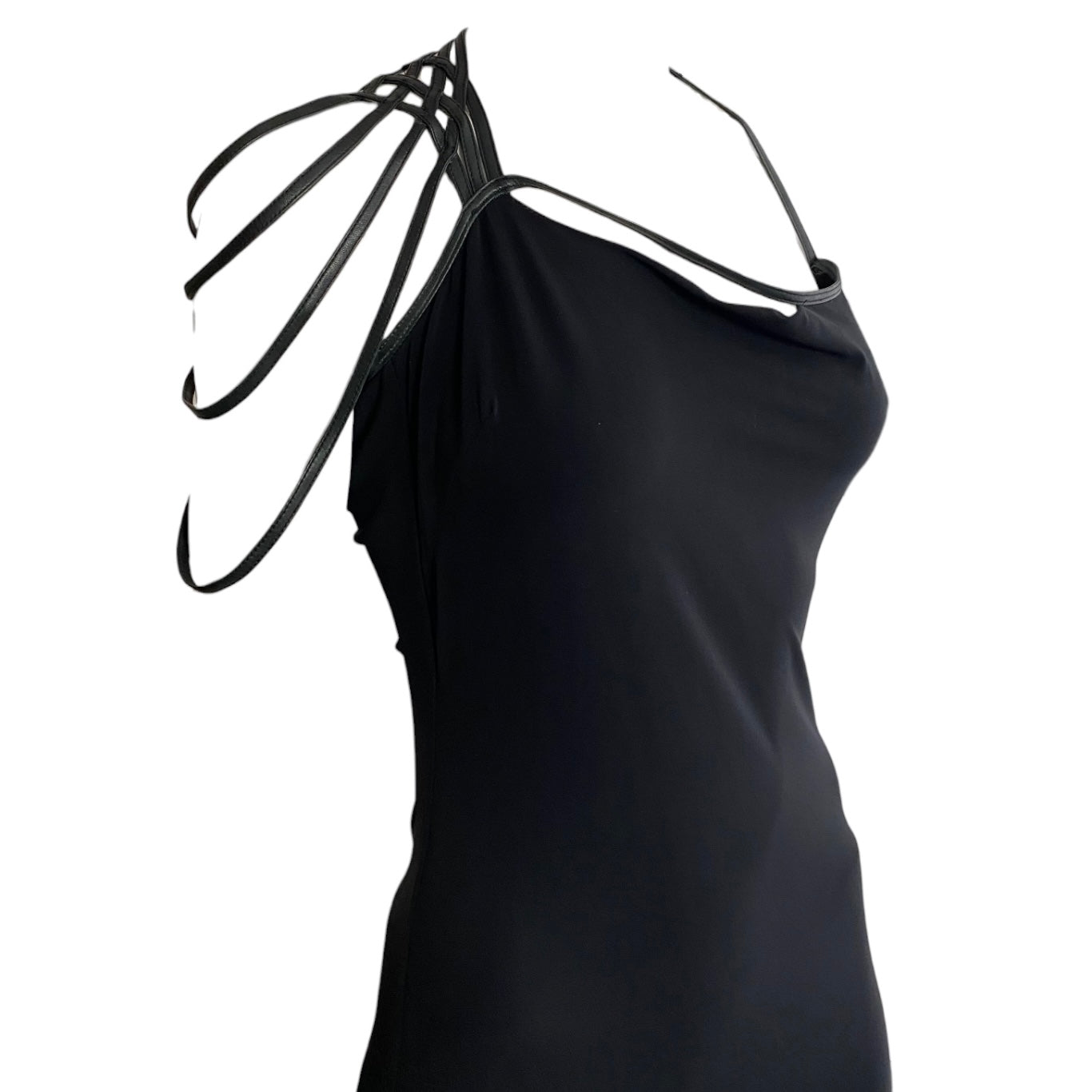 FAYÇAL AMOR 2002 BLACK ASYMMETRICAL LEATHER STRAPS DRESS