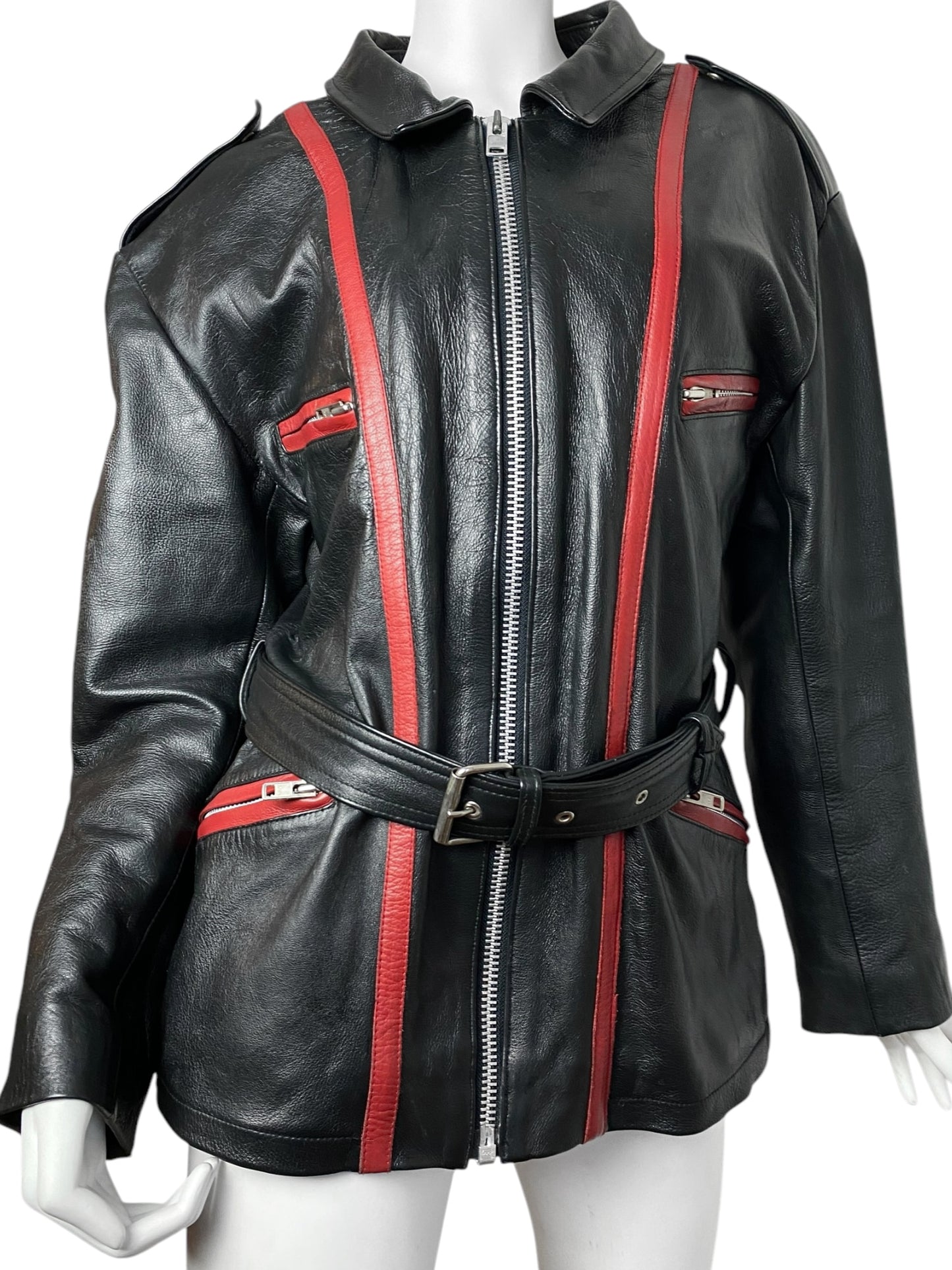 SMOKED SALMON 2000s BLACK LEATHER RED LINES BIKER OVERSIZE JACKET