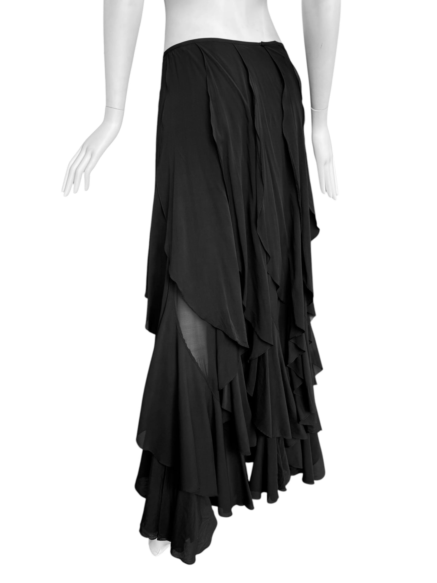 PLEIN SUD SS2000 BLACK SILK CASCADING RUFFLES MAXI SKIRT