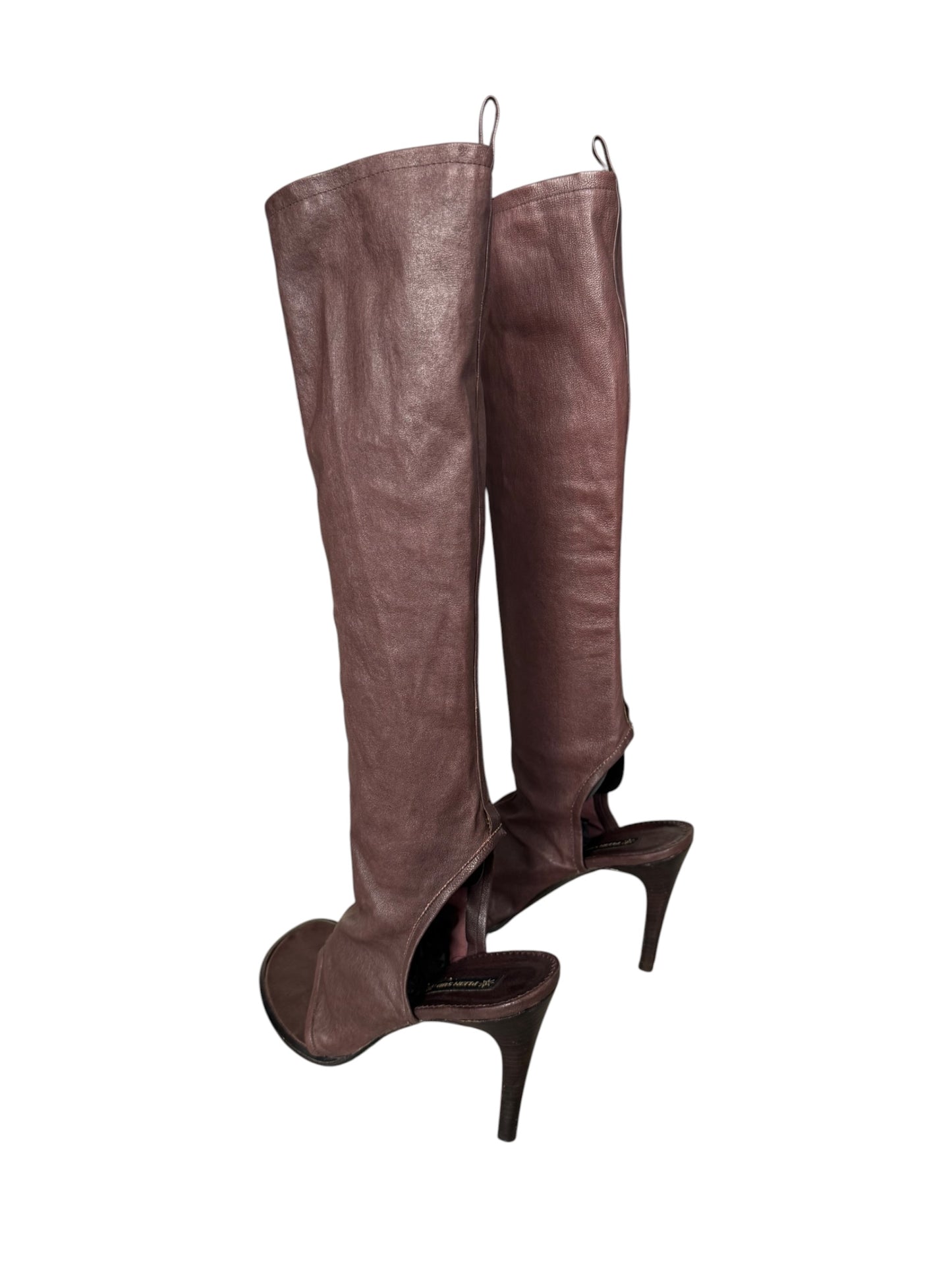PLEIN SUD SS2004 BROWN LEATHER KNEE-HIGH THONG SANDAL BOOTS