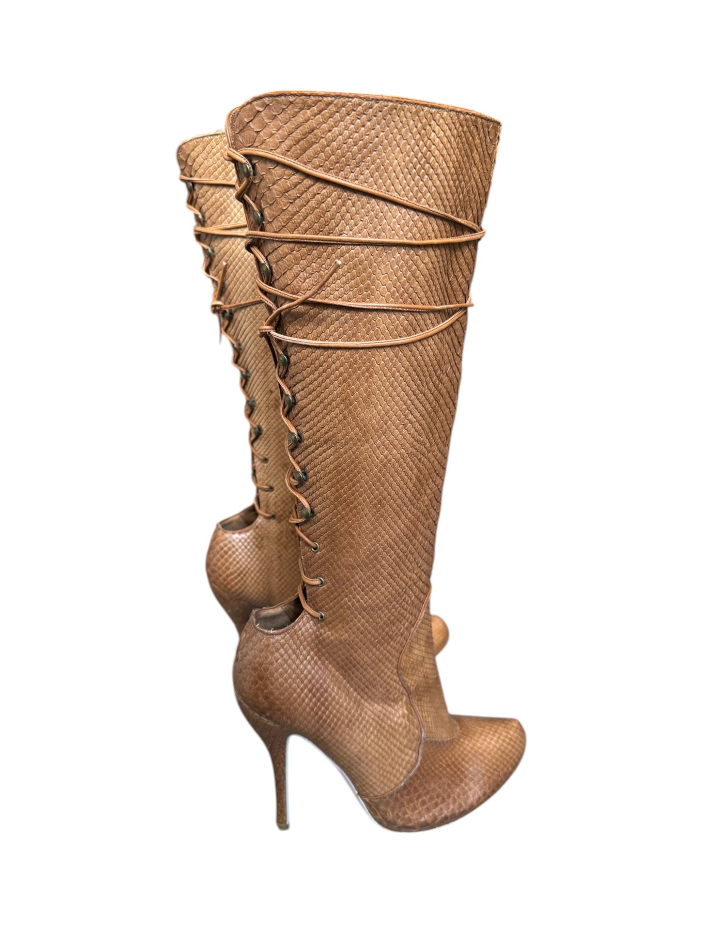 ALEXANDER MCQUEEN FW2002 «SUPERCALIFRAGILISTICEXPIALIDOCIOUS» BROWN SNAKESKIN LACE-UP BOOTS