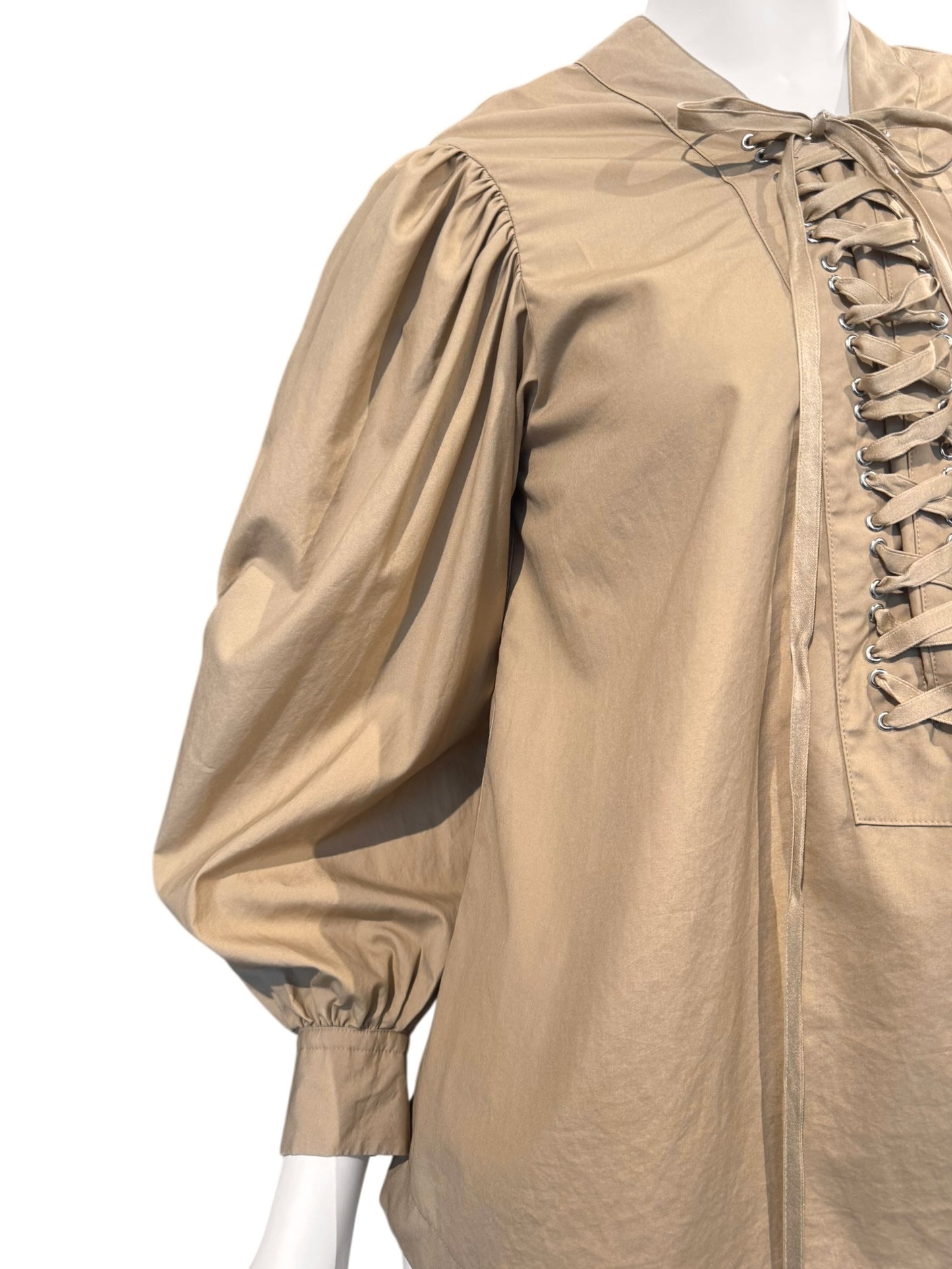 NOIR KEI NINOMIYA SS2022 BEIGE LACE-UP NECKLINE PUFFY SLEEVES TOP