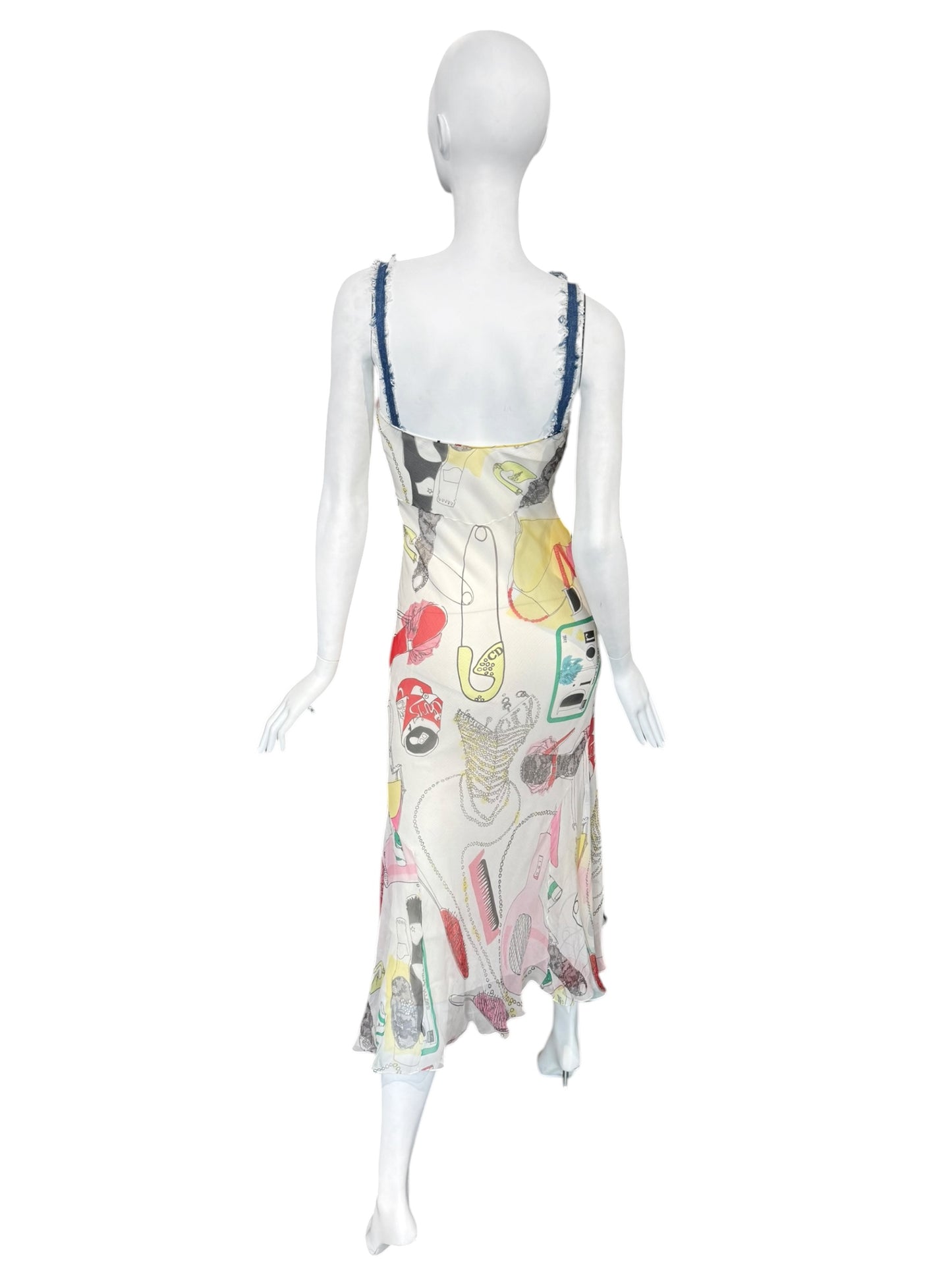 DIOR SS2001 BY JOHN GALLIANO OFF-WHITE SILK KITSCH PRINT MAXI DRESS