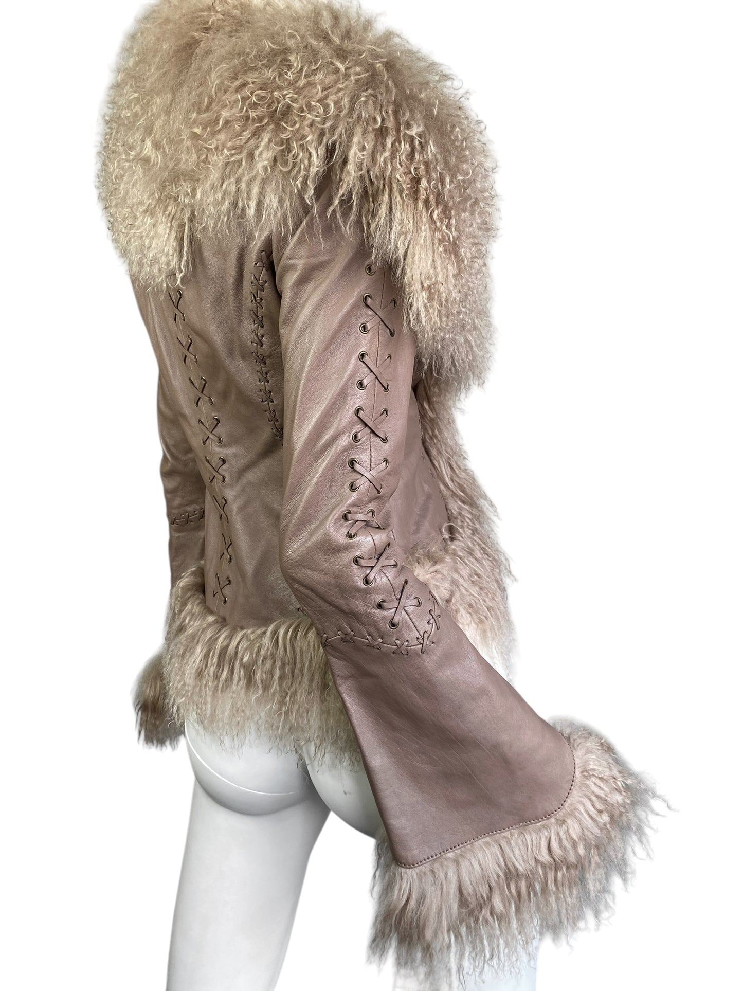 JUST CAVALLI 2000s BEIGE LEATHER LACED MONGOLIAN LAMB FUR TRIM JACKET