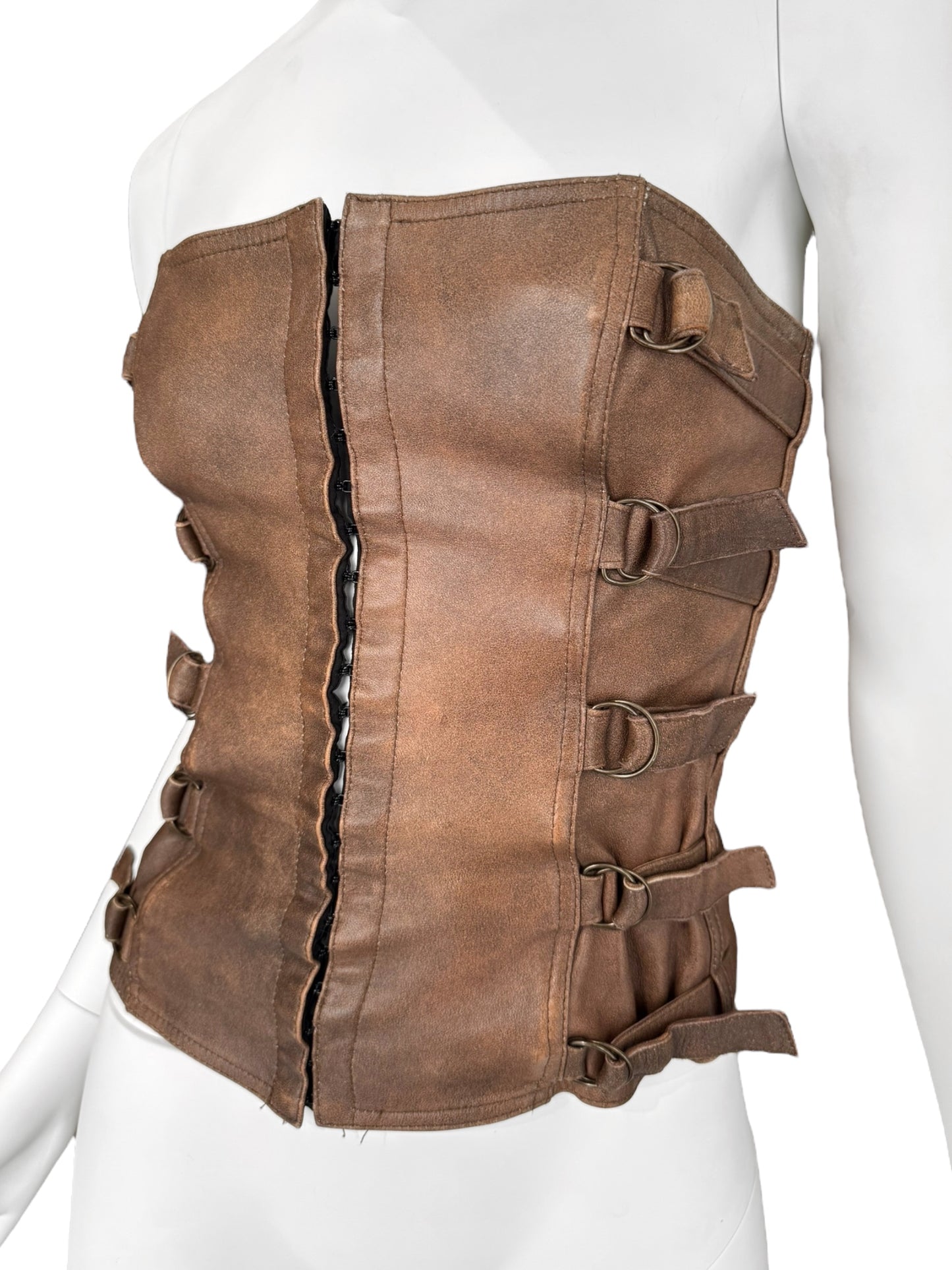 PLEIN SUD FW2001 BROWN LEATHER BONDAGE CORSET TOP