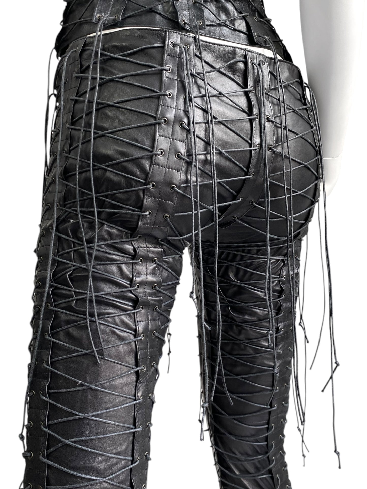 PLEIN SUD FW2002 BLACK LEATHER LACED-UP CAGE 2P. SET (JACKET + PANTS)