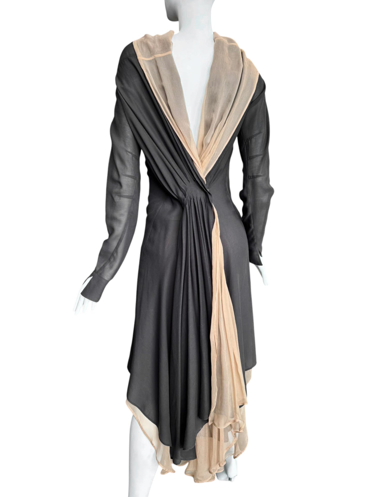 GUSTAVO LINS HAUTE COUTURE SS2009 DARK GREY & BEIGE SILK LAYERED PLEATED MIDI DRESS
