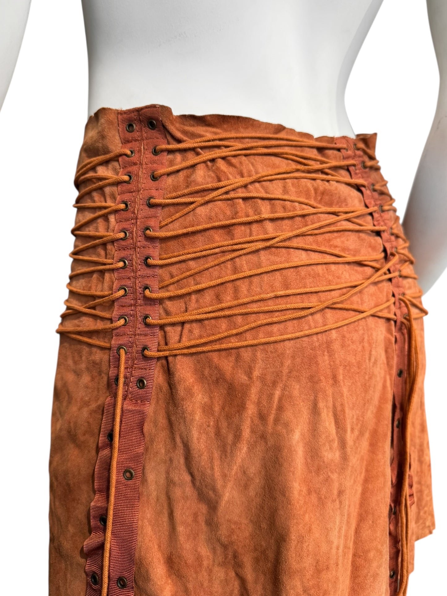 PLEIN SUD SS2003 ORANGE SUEDE LEATHER LACE-UP MINI SKIRT