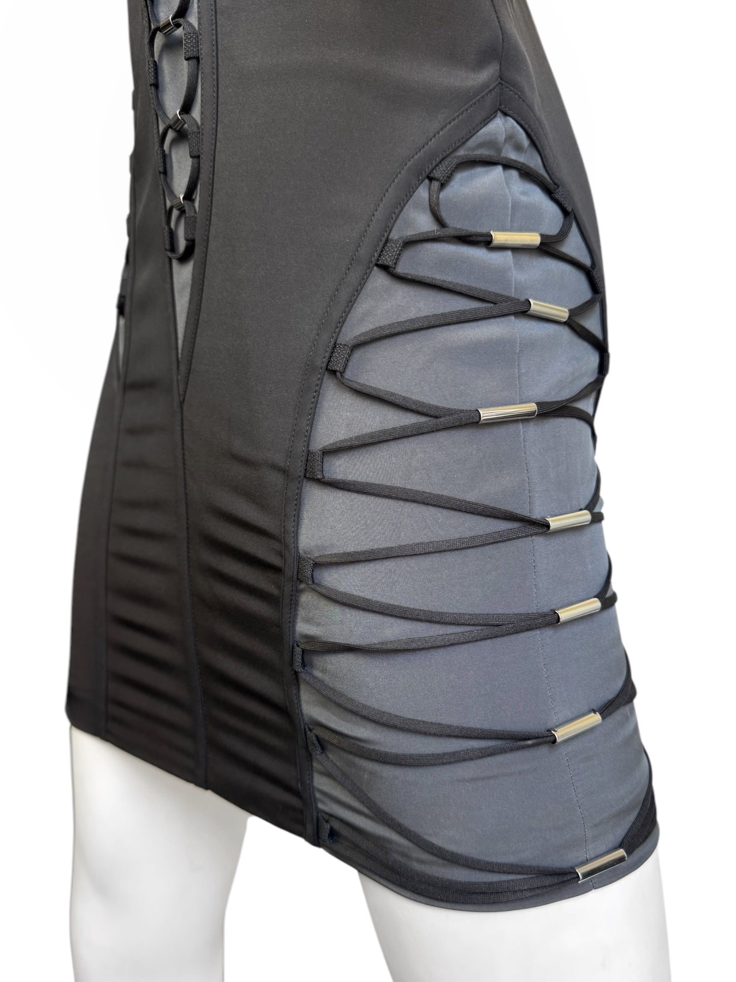 GUCCI SS2010 BY FRIDA GIANNINI BLACK & GREY SILK BLEND CUT-OUT LACE-UP FUTURISTIC MINI DRESS
