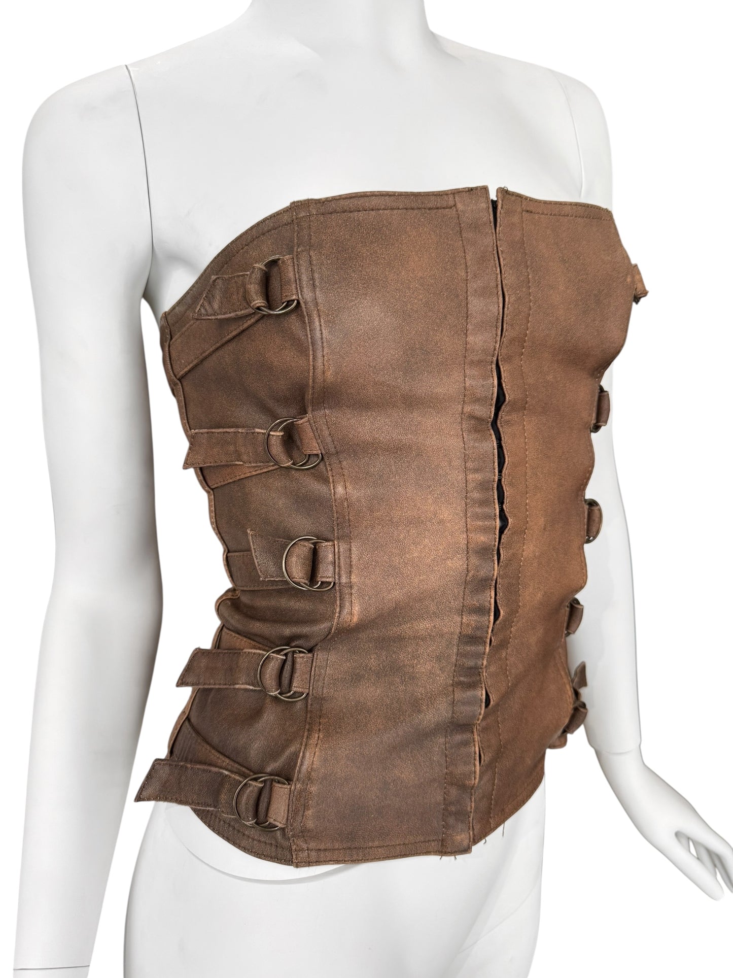 PLEIN SUD FW2001 BROWN LEATHER BONDAGE CORSET TOP