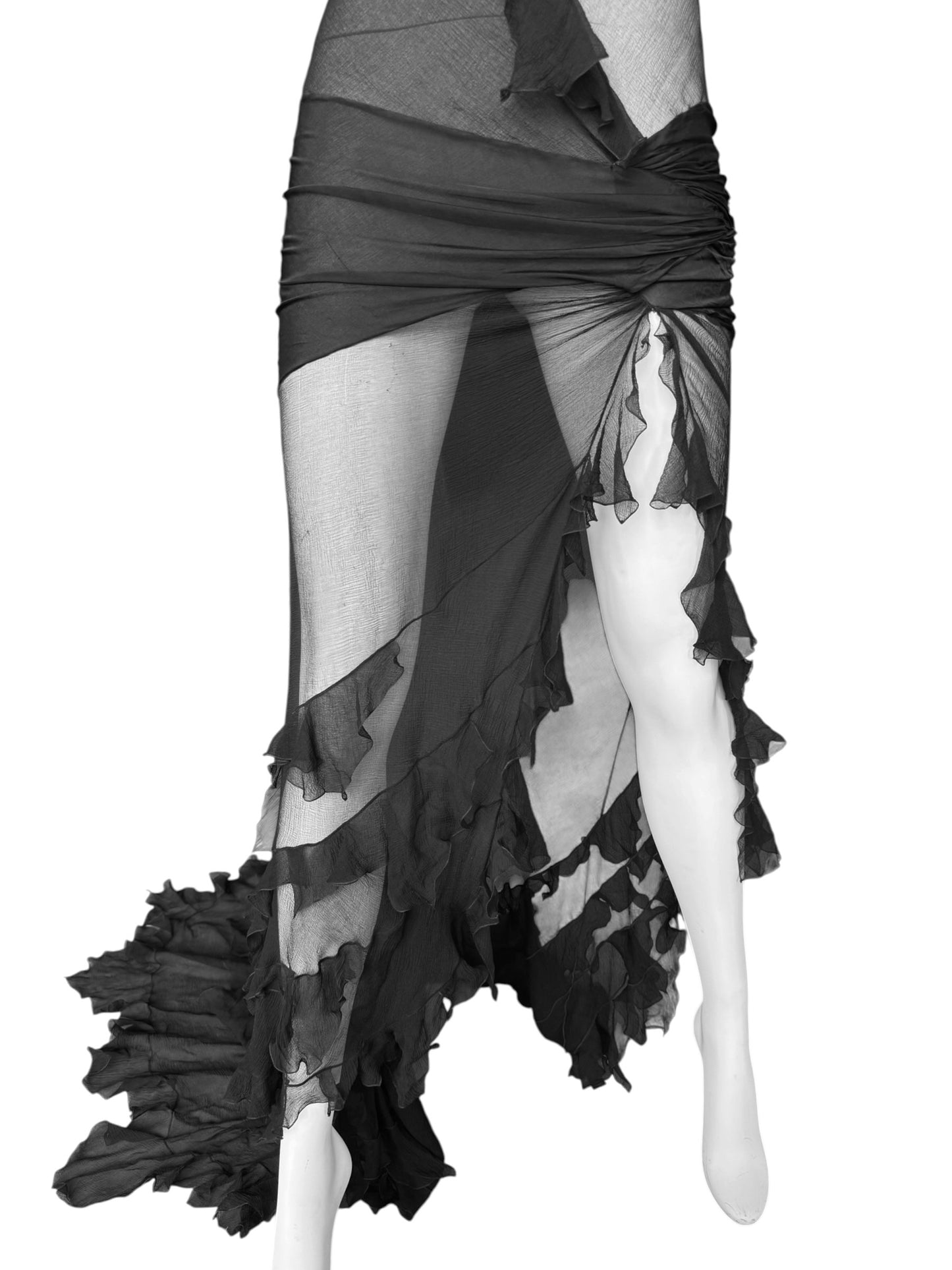 CHRISTIAN DIOR FW2006 BY JOHN GALLIANO BLACK SILK ASYMMETRICAL RUFFLES TRAIN MAXI DRESS