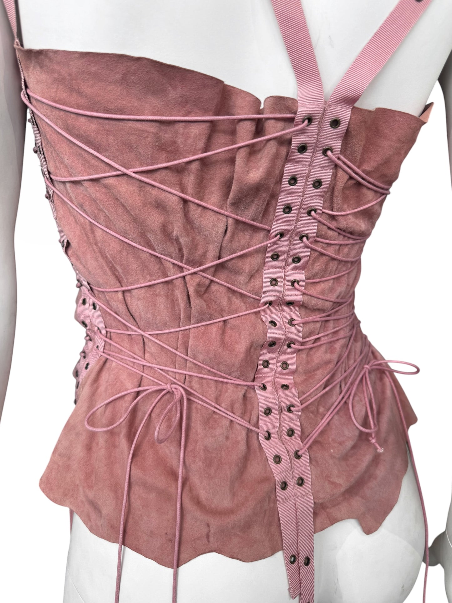 PLEIN SUD SS2003 PINK LEATHER LACE-UP BONDAGE TANK TOP