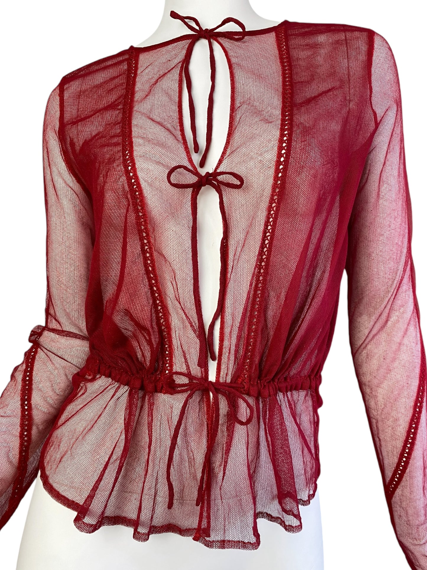 PLEIN SUD FW1994 RED TULLE PICOT SHEER CARDIGAN