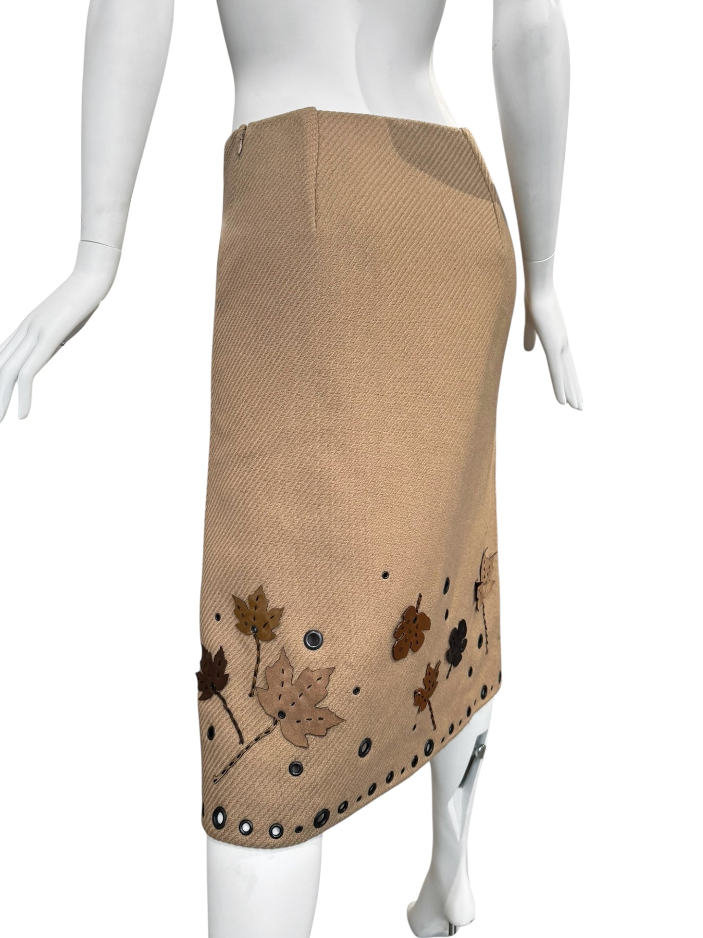PRADA FW1999 BEIGE WOOL LEAF APPLIQUÉ MIDI SKIRT